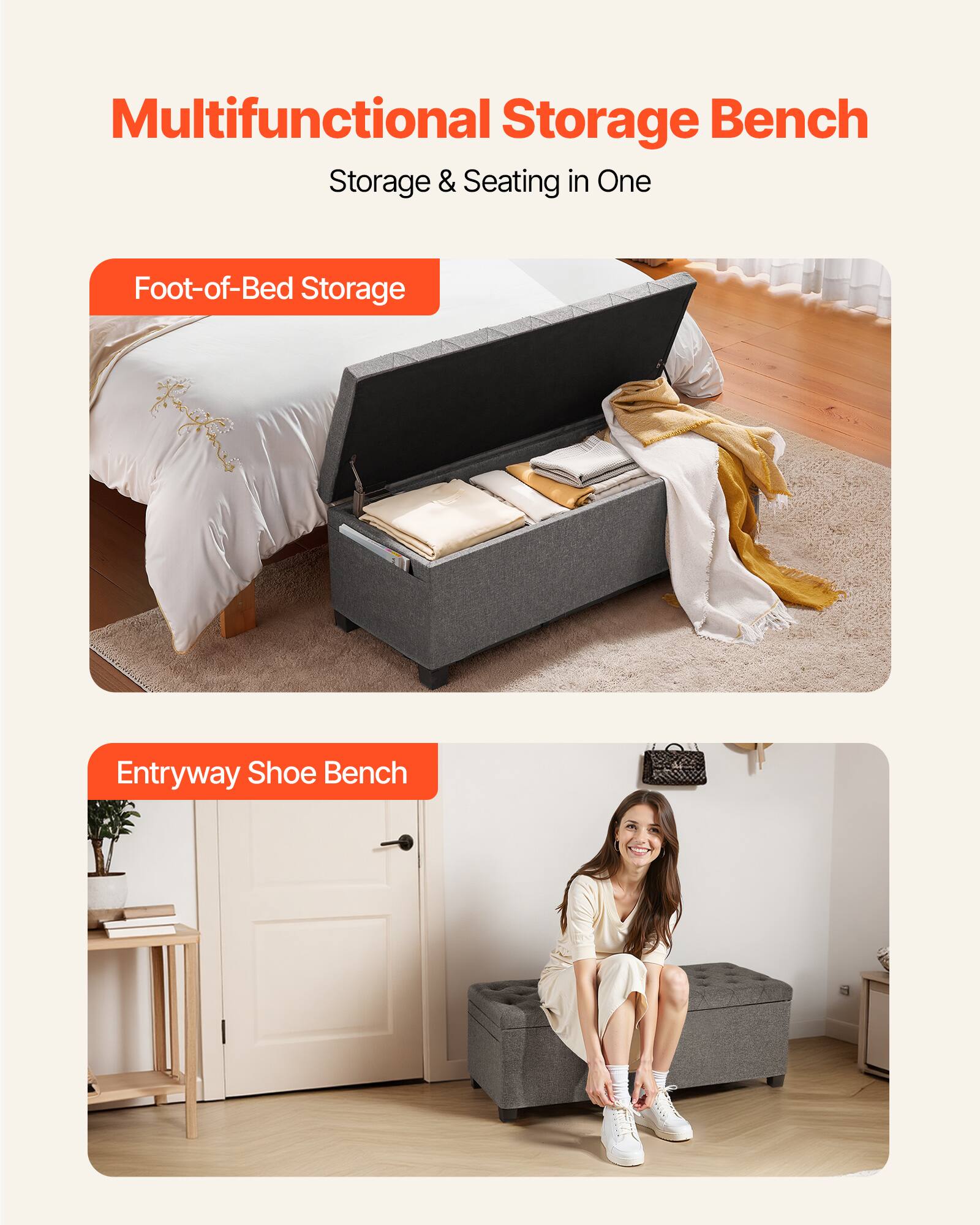 Multifunctional Storage Bench  
Storage & Seating in One  

Foot-of-Bed Storage  

Entryway Shoe Bench