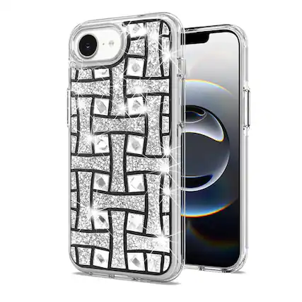 Front. Kitcheniva - Shimmering Bling Hybrid Phone Case With Tempered Glass For iPhone 16e/17e Black White - Multicolor.