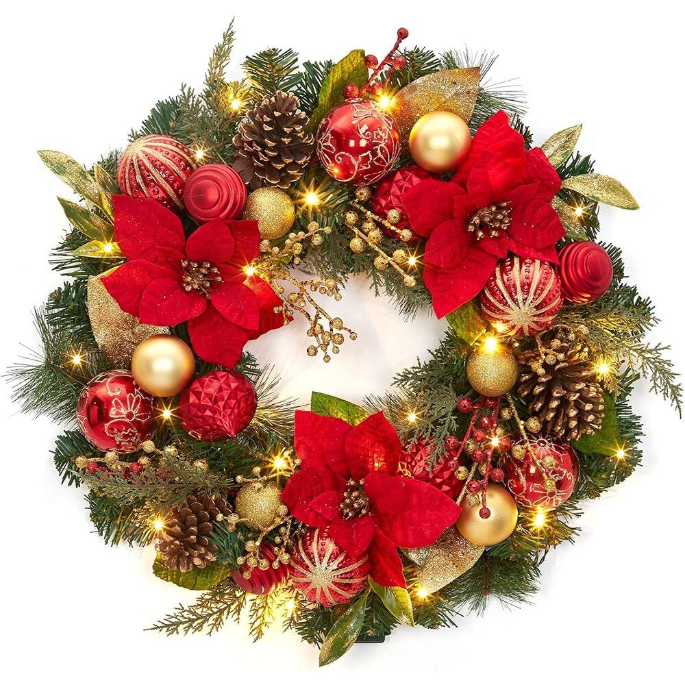 RTMB - 24" Battery-Operated Christmas Wreath w/ Lights & Flower Ball Ornaments - Red Gold