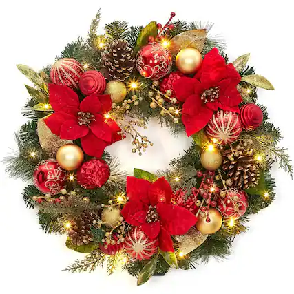 Front. RTMB - 24" Battery-Operated Christmas Wreath w/ Lights & Flower Ball Ornaments - Red Gold.