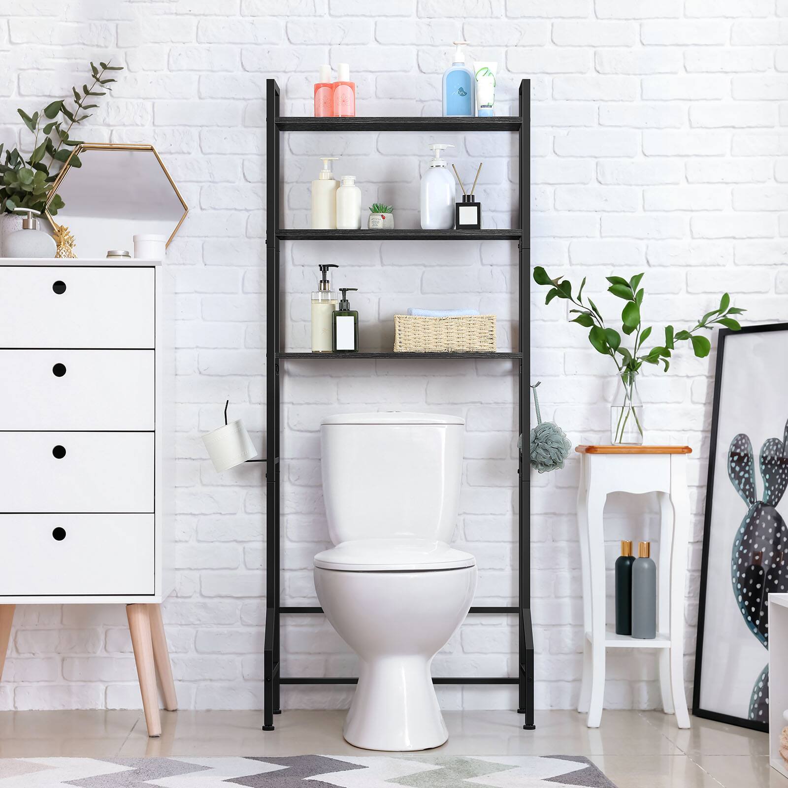 Alt View 4. Oumilen - Over-the-Toilet 3-Tier Bathroom Storage Shelf, Black - Black.