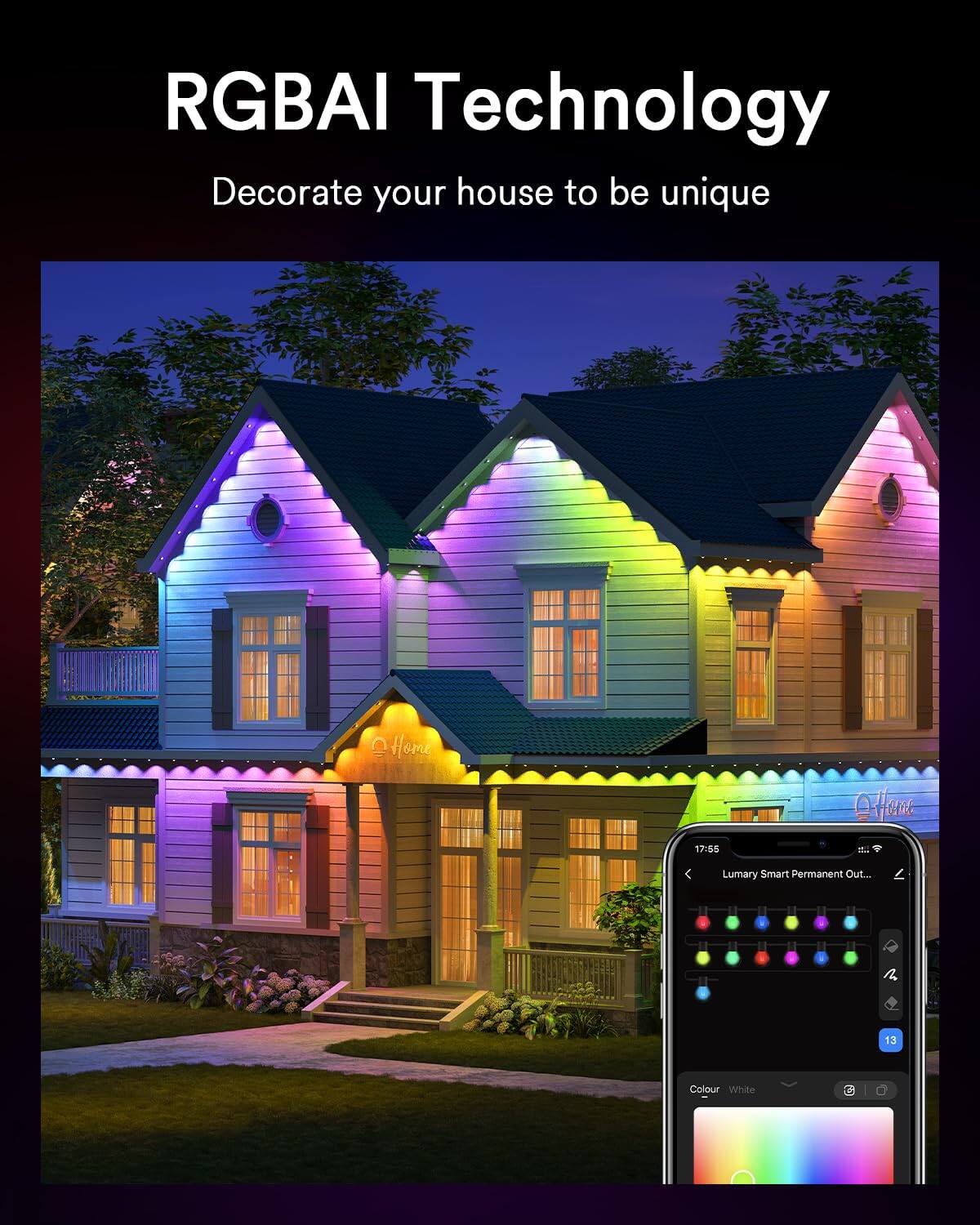 RGBAI Technology  
Decorate your house to be unique  

17:55  
Lumary Smart Permanent Out...  

13 Colour White