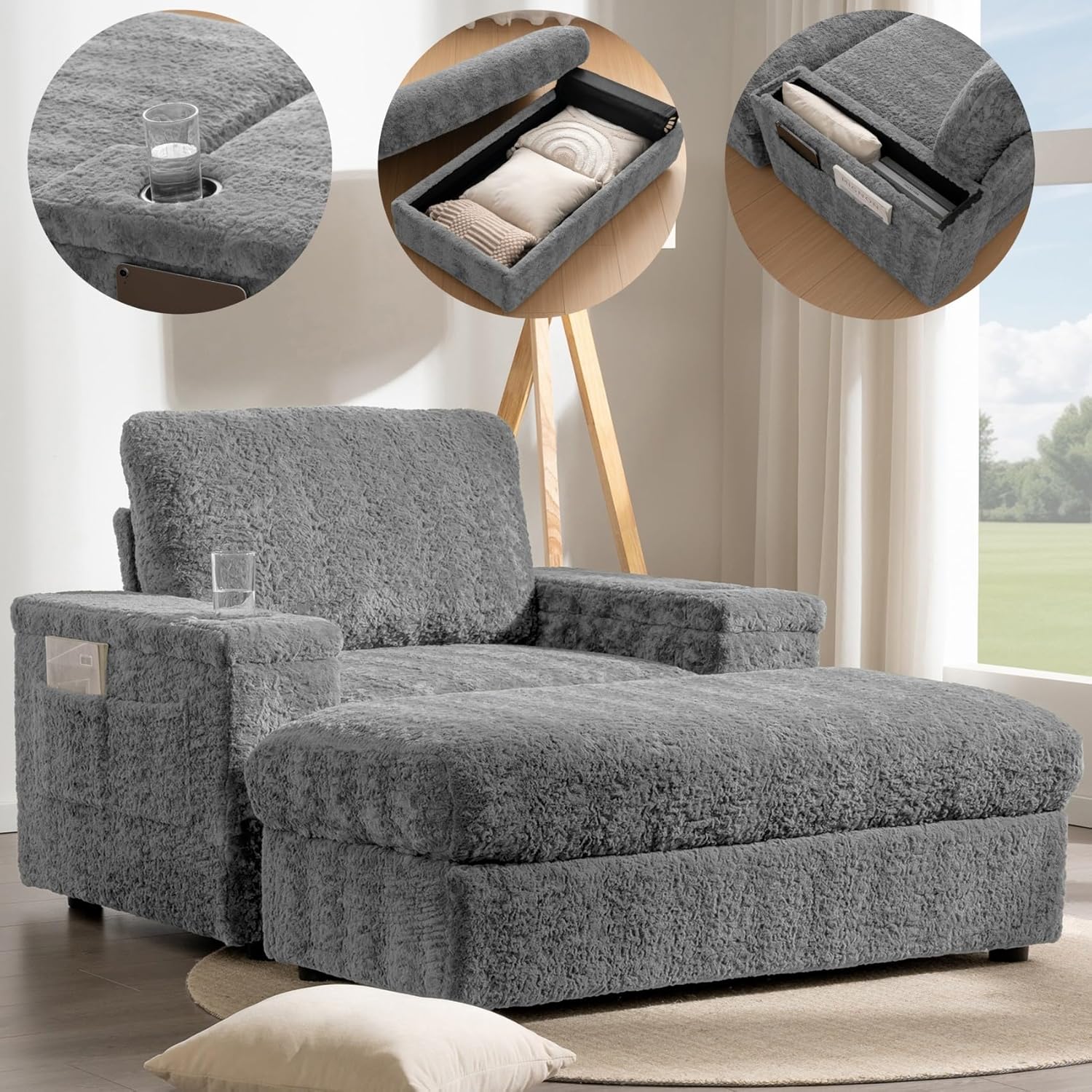 Alt View 2. Trinkets Crazed - Oversized Chaise Lounge Indoor,Faux Rabbit Fur Sofa Bed with Storage Ottoman and Armrests,Cup Holder - gray.