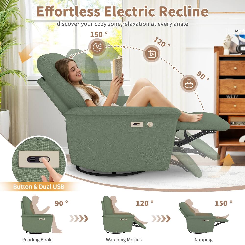 Effortless Electric Recline  
discover your cozy zone, relaxation at every angle  

150°  
120°  
90°  

Button & Dual USB  

Reading Book  
Watching Movies  
Napping
