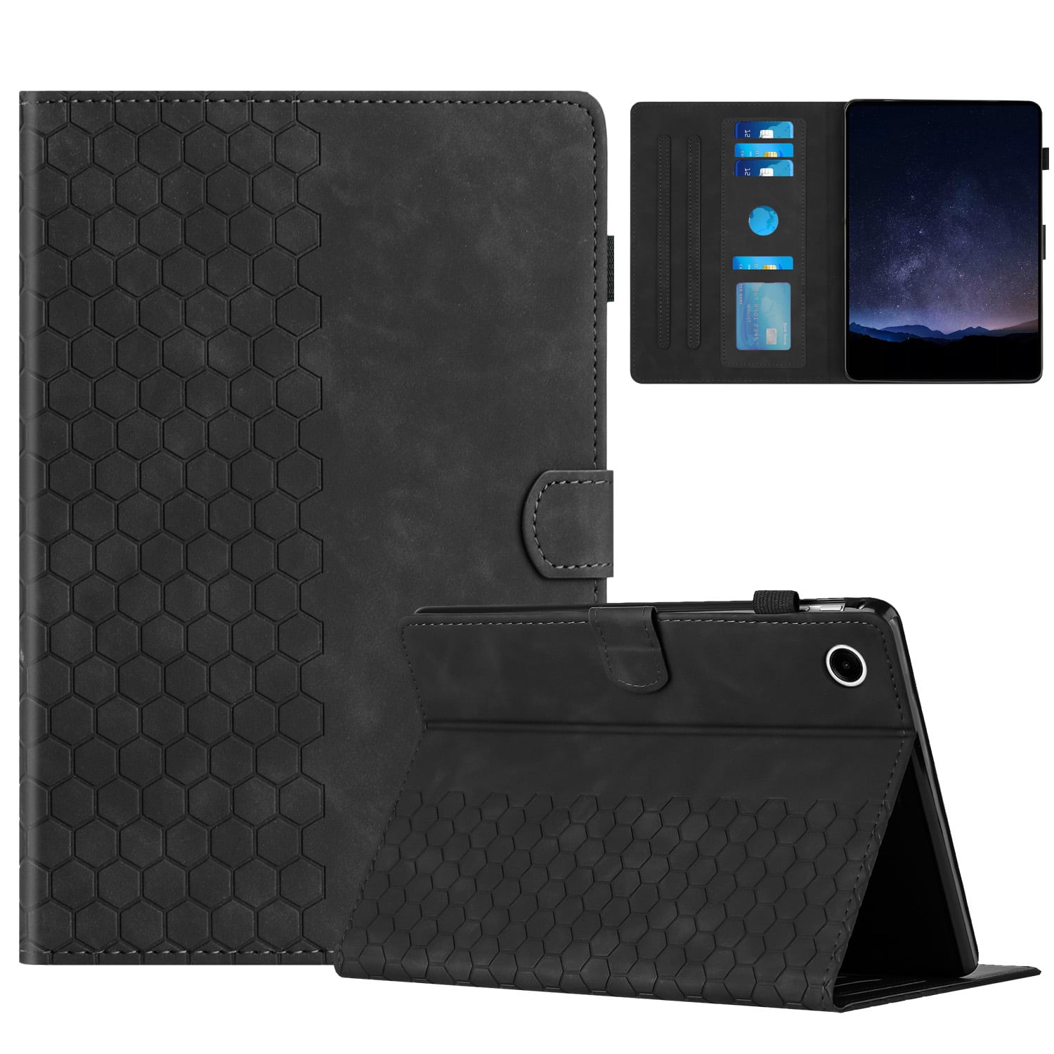 Dteck - Embossed Folio Case for Samsung Galaxy Tab A9+/A9 Plus 2023 with Auto Sleep/Wake,Faux Leather Card Slots Stand Cover - Black