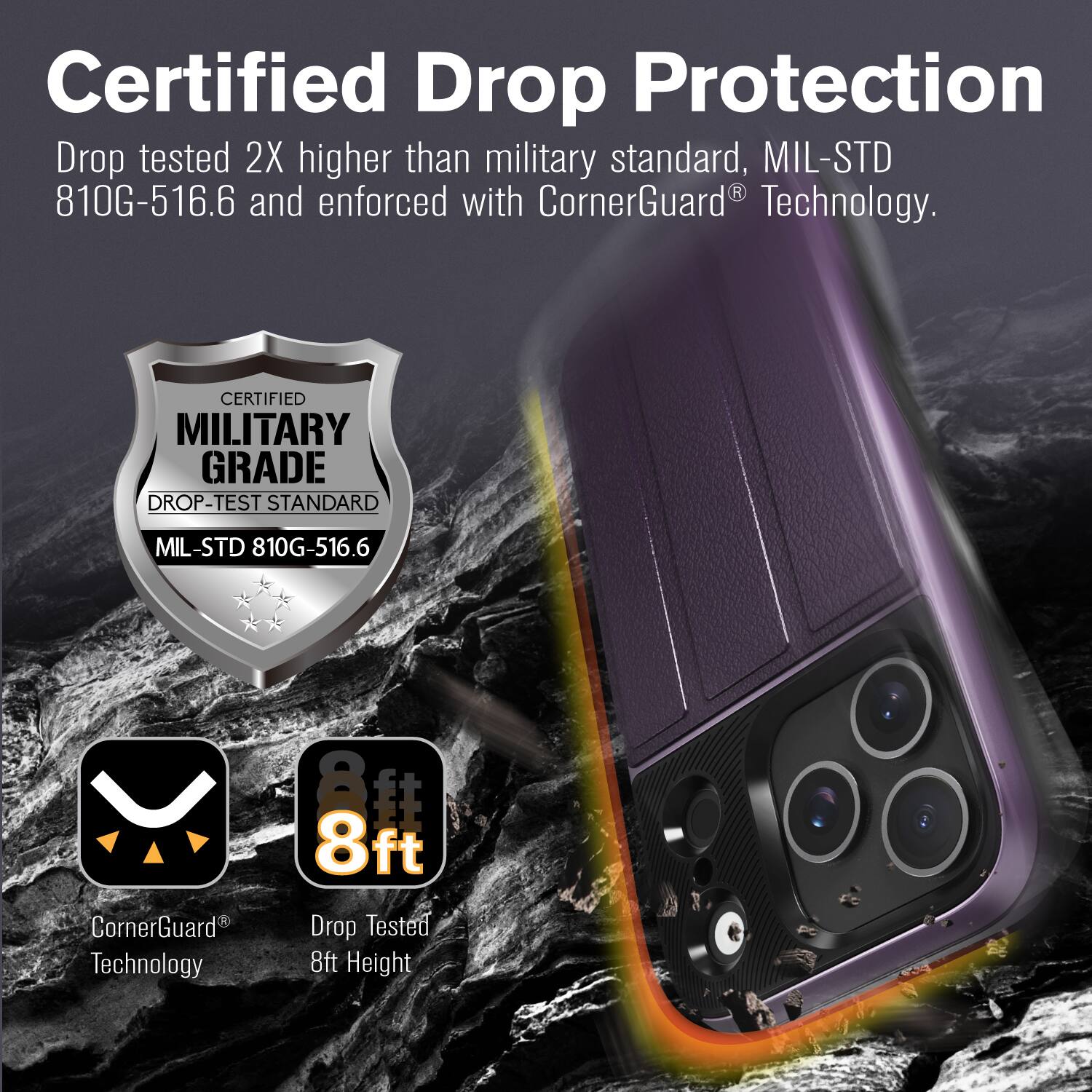 Certified Drop Protection

Drop tested 2X higher than military standard, MIL-STD 810G-516.6 and enforced with CornerGuard® Technology.

Certified Military Grade Drop-Test Standard MIL-STD 810G-516.6

CornerGuard® Technology

Drop Tested 8ft Height