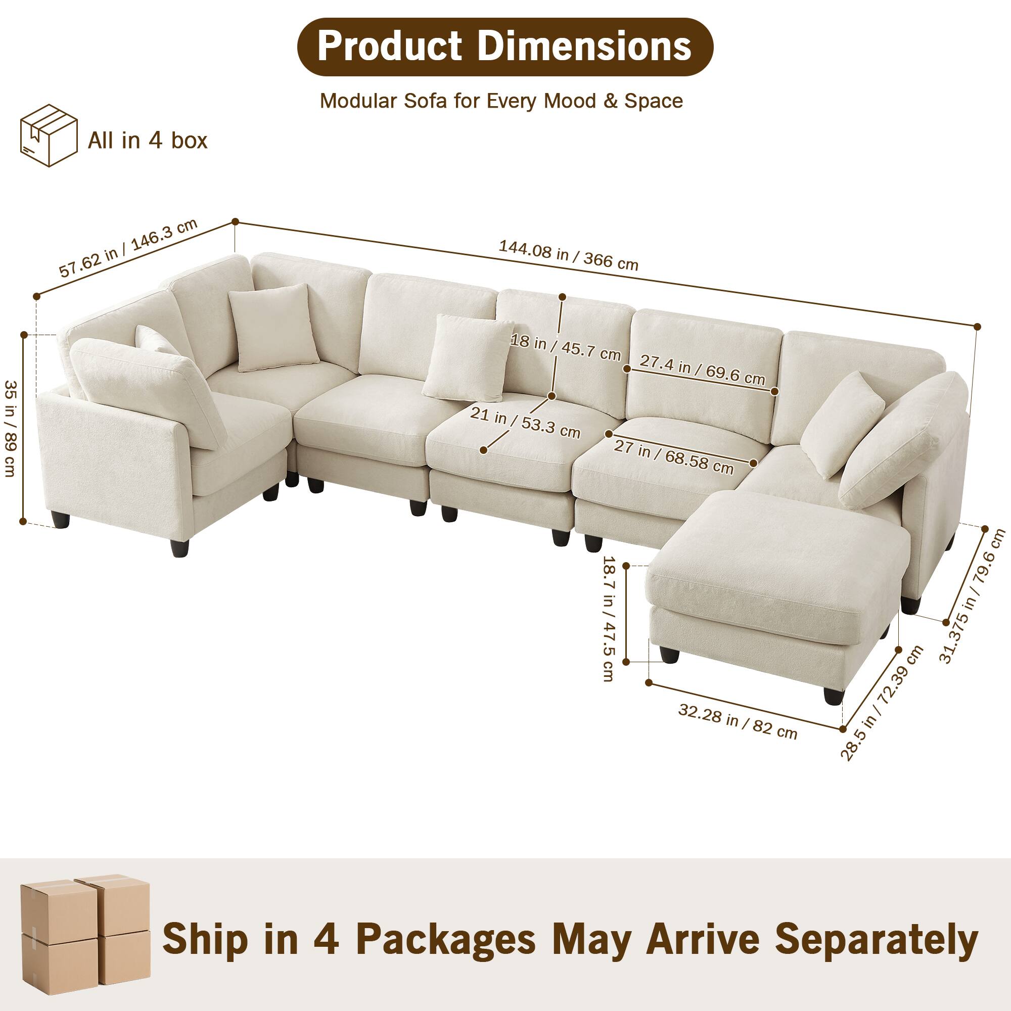 Product Dimensions  
Modular Sofa for Every Mood & Space  

All in 4 box  

- 146.3 in / 366 cm  
- 57.62 in / 146.3 cm  
- 35 in / 89 cm  
- 21 in / 53.3 cm  
- 18 in / 45.7 cm  
- 27.4 in / 69.6 cm  
- 27 in / 68.58 cm  
- 18.7 in / 47.5 cm  
- 32.28 in / 82 cm  
- 28.5 in / 72.39 cm  
- 31.375 in / 79.6 cm  

Ship in 4 Packages May Arrive Separately