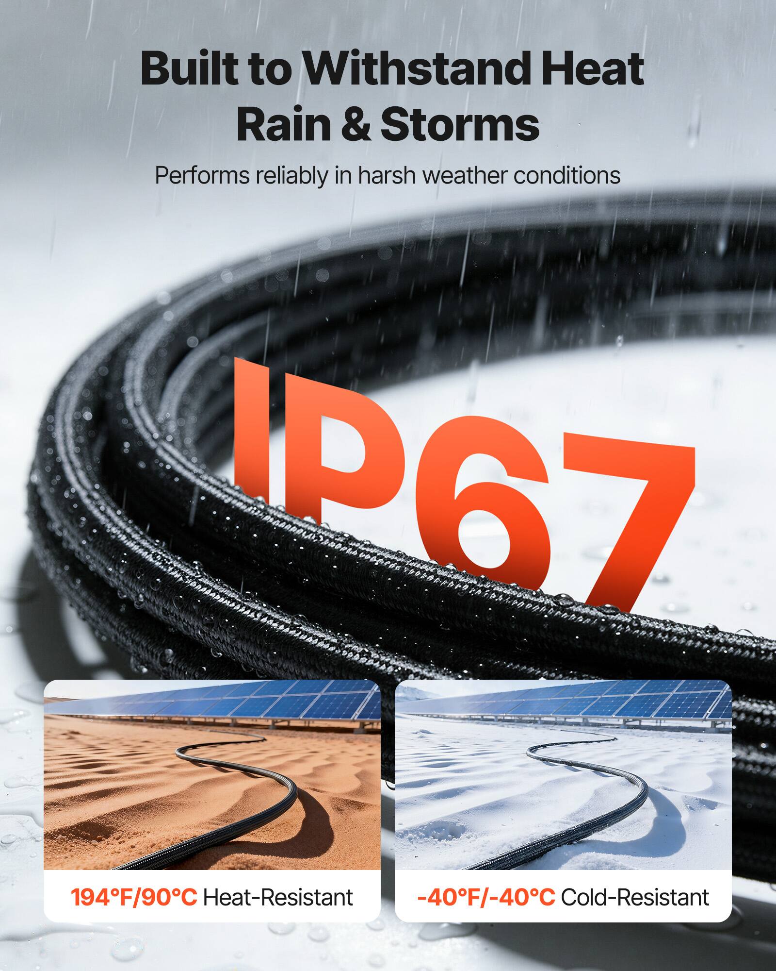 Built to Withstand Heat, Rain & Storms  
Performs reliably in harsh weather conditions  

IP67  

194°F/90°C Heat-Resistant  
-40°F/-40°C Cold-Resistant