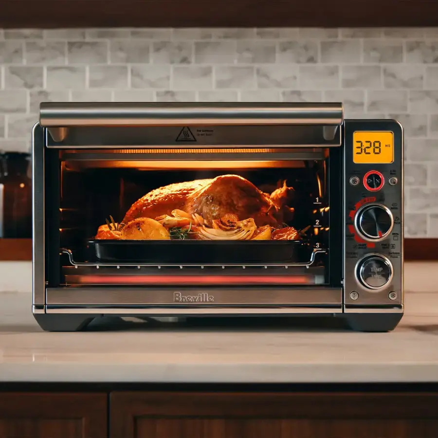 The image shows a Breville toaster oven with a turkey inside, cooking at 328 degrees. The oven is placed on a countertop, and it is filled with various food items, including a casserole dish. The oven is open, revealing the delicious meal being prepared.