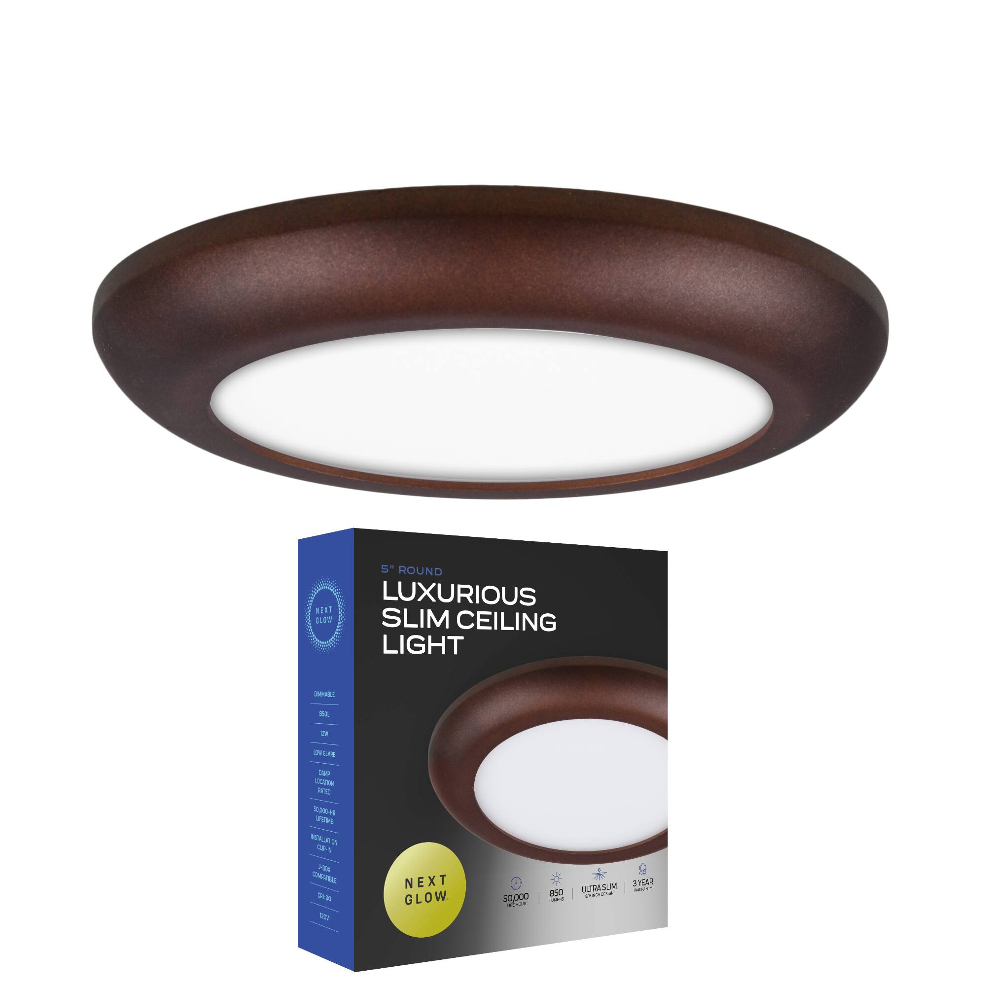Next Glow - Ultra Slim 5" LED Ceiling Light Fixture, 3000K Round, Dimmable Flush Mount Light - Brass
