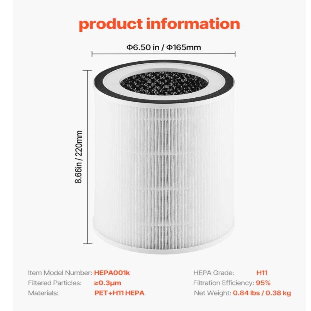 product information  
6.50 in / 165mm  
8.66 in / 220mm  

Item Model Number: HEPA001k  
Filtered Particles: ≥0.3μm  
Materials: PET+H11 HEPA  
HEPA Grade: H11  
Filtration Efficiency: 95%  
Net Weight: 0.84 lbs / 0.38 kg