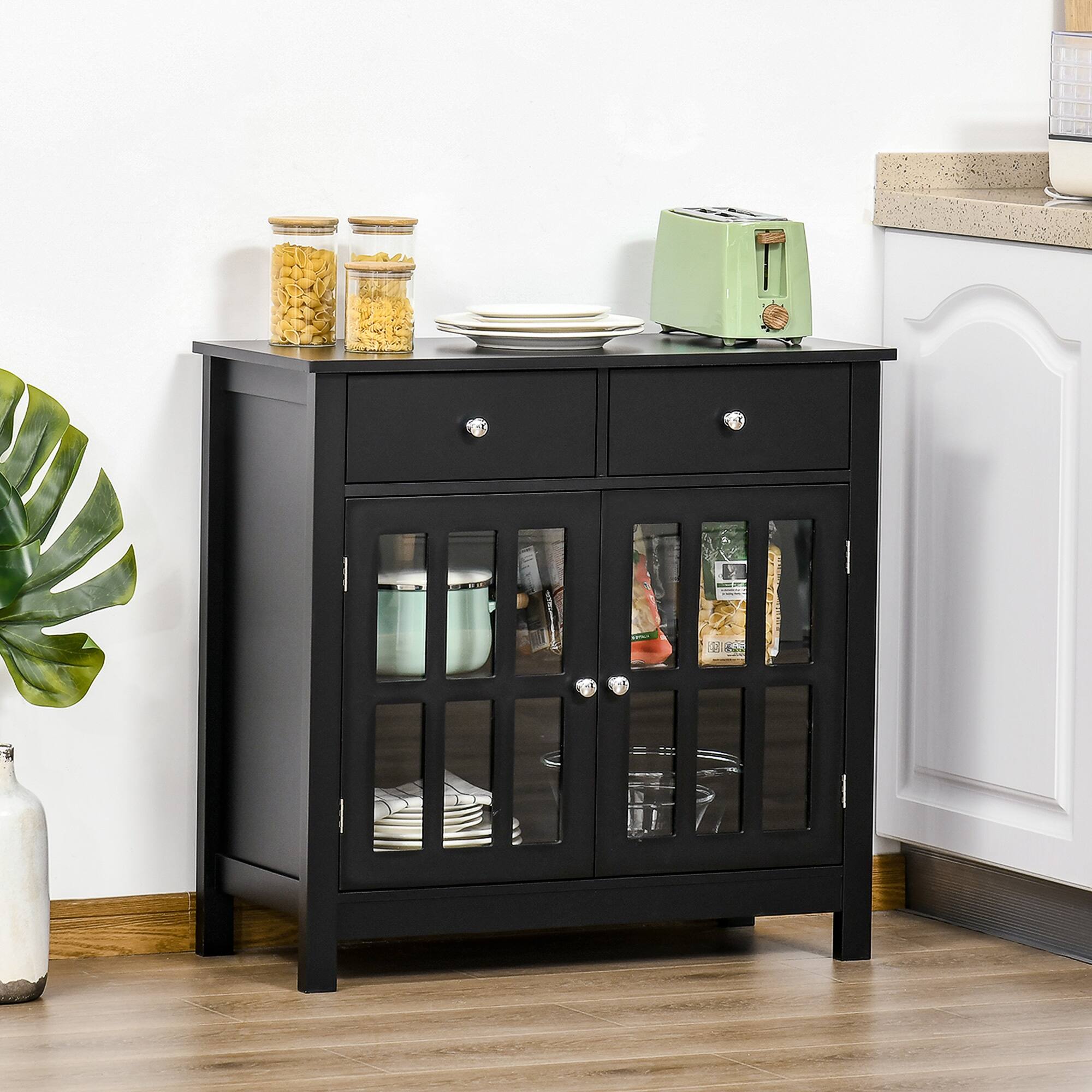 Alt View 1. Homcom - Sideboard Buffet Cabinet, Accent Kitchen Cabinet with Glass Doors, Adjustable Shelf and 2 Drawers for Kitchen - Black.