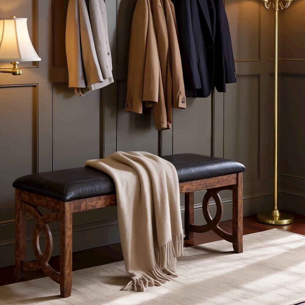 Angle. FurniFact - Brown Solid Wood 46 Inch Faux Leather Vintage Bench For Living Room - Brown.