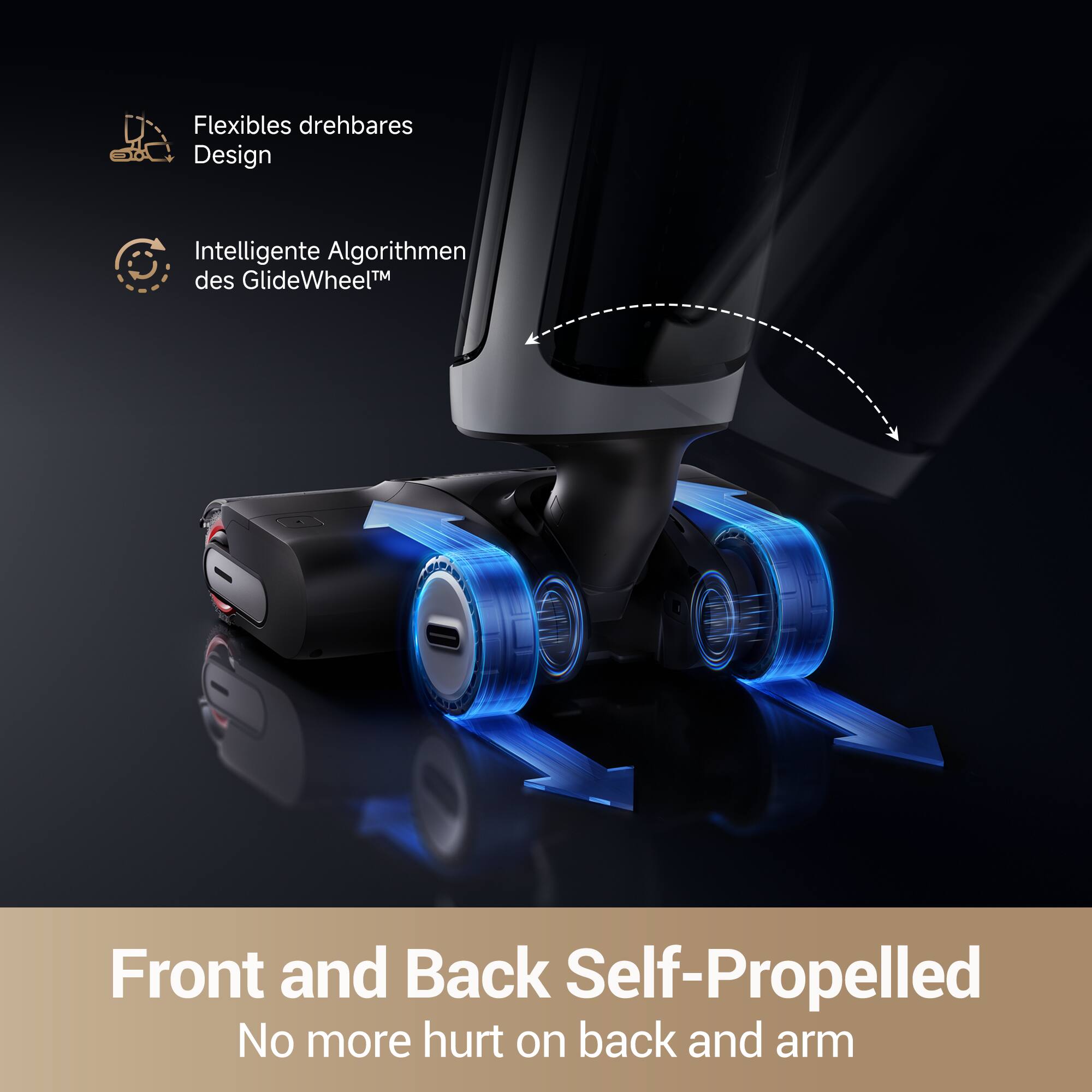 Flexibles drehbares Design  
Intelligente Algorithmen des GlideWheel™  
Front and Back Self-Propelled  
No more hurt on back and arm