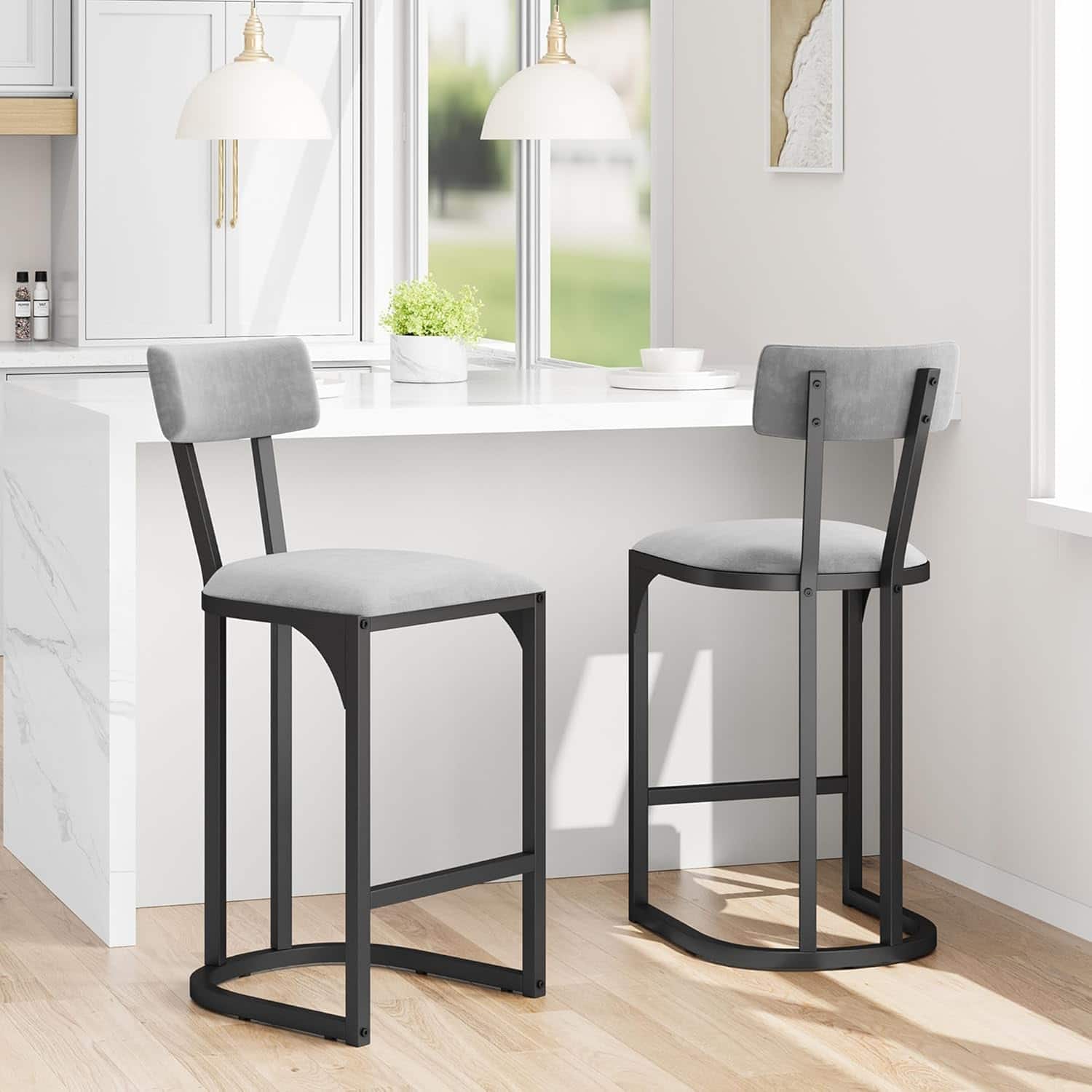 Front. GARVEE - Bar Stools Set of 2, Counter Height Bar Stools, Curved Back with Metal Frame Island Chairs(Gray) - gray.