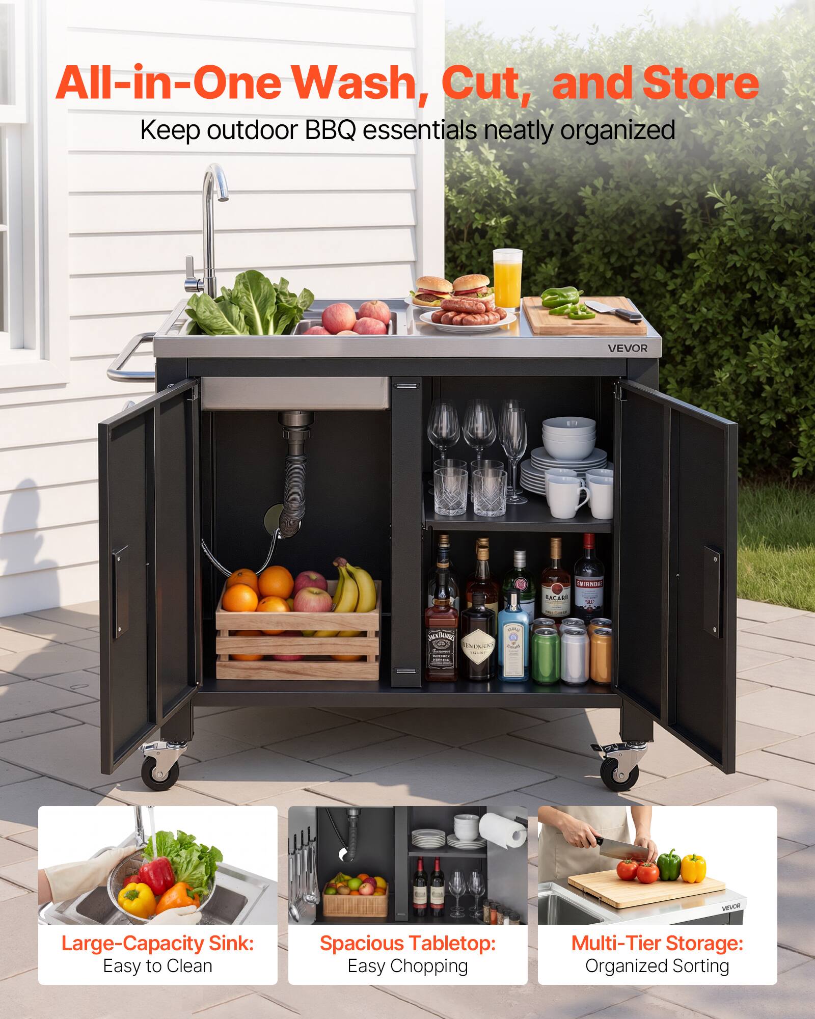All-in-One Wash, Cut, and Store  
Keep outdoor BBQ essentials neatly organized

Large-Capacity Sink: Easy to Clean  
Spacious Tabletop: Easy Chopping  
Multi-Tier Storage: Organized Sorting