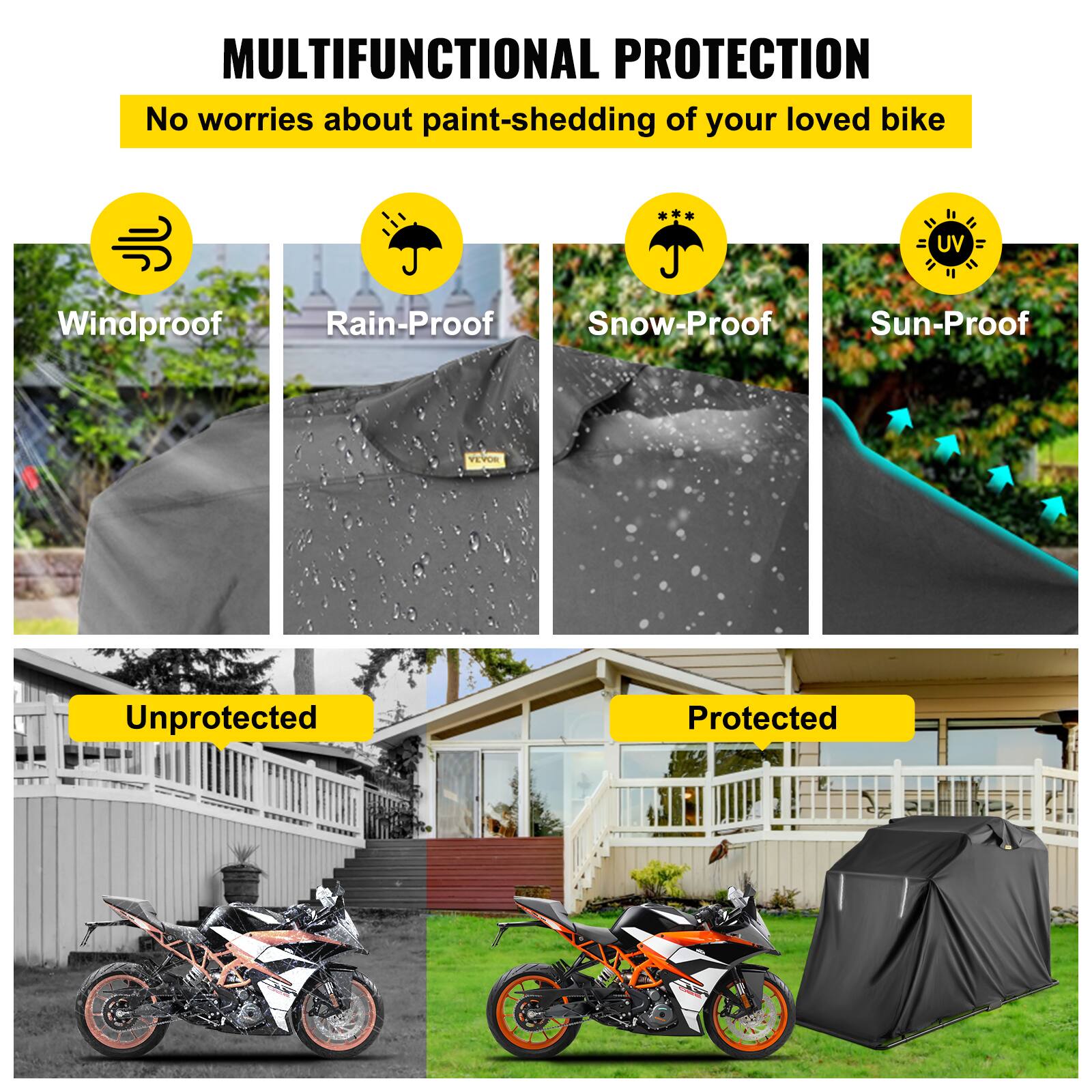MULTIFUNCTIONAL PROTECTION No worries about paint-shedding of your loved bike UV Windproof Rain-Proof Snow-Proof Sun-Proof TERCR Unprotected Protected