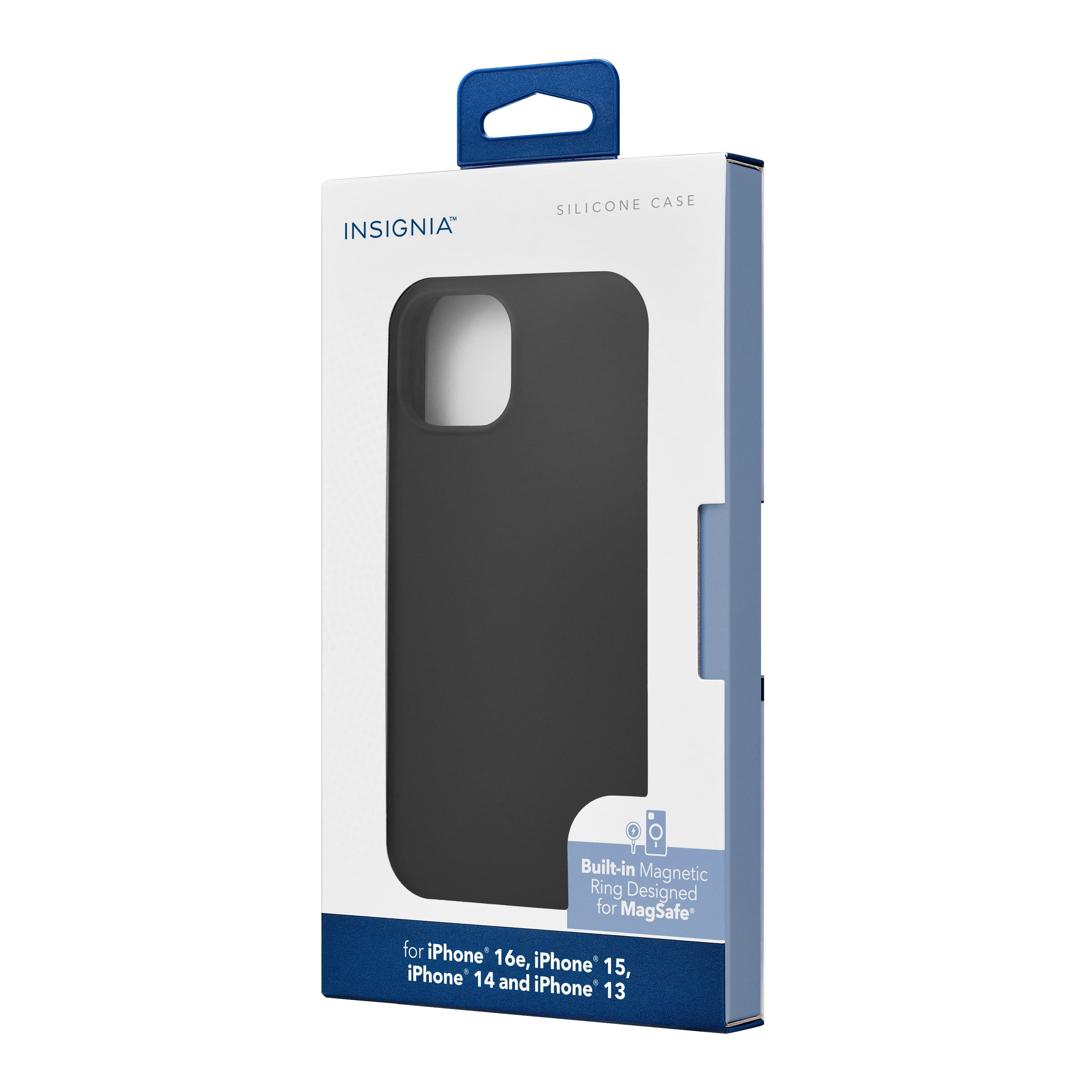 The image features a blue and white Insignia silicone case for the iPhone 16, 15, 14, and 13. The case is designed with a built-in magnetic Q ring, which is compatible with MagSafe technology. The case is still in its original packaging, and the packaging is blue in color.