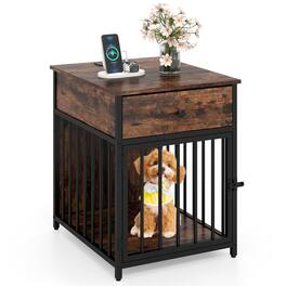 WELLFOR - Dog Crate Furniture for Small Dogs,Wooden Puppy Kennel with Charging Station & Drawer - Rustic Brown