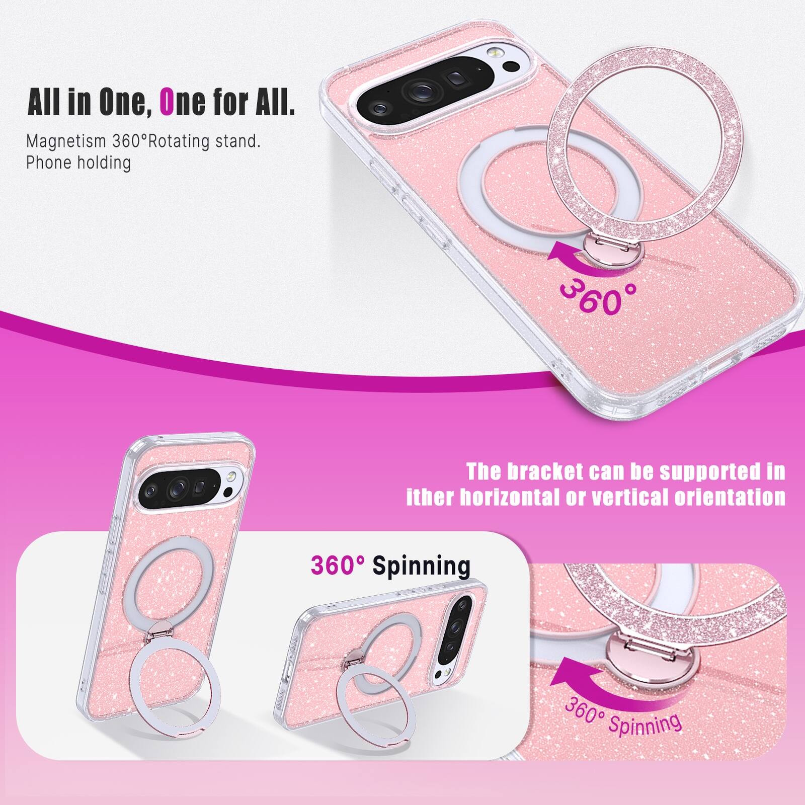 All in One, One for All.  
Magnetism 360° Rotating stand.  
Phone holding  

The bracket can be supported in either horizontal or vertical orientation  

360° Spinning  
360° Spinning
