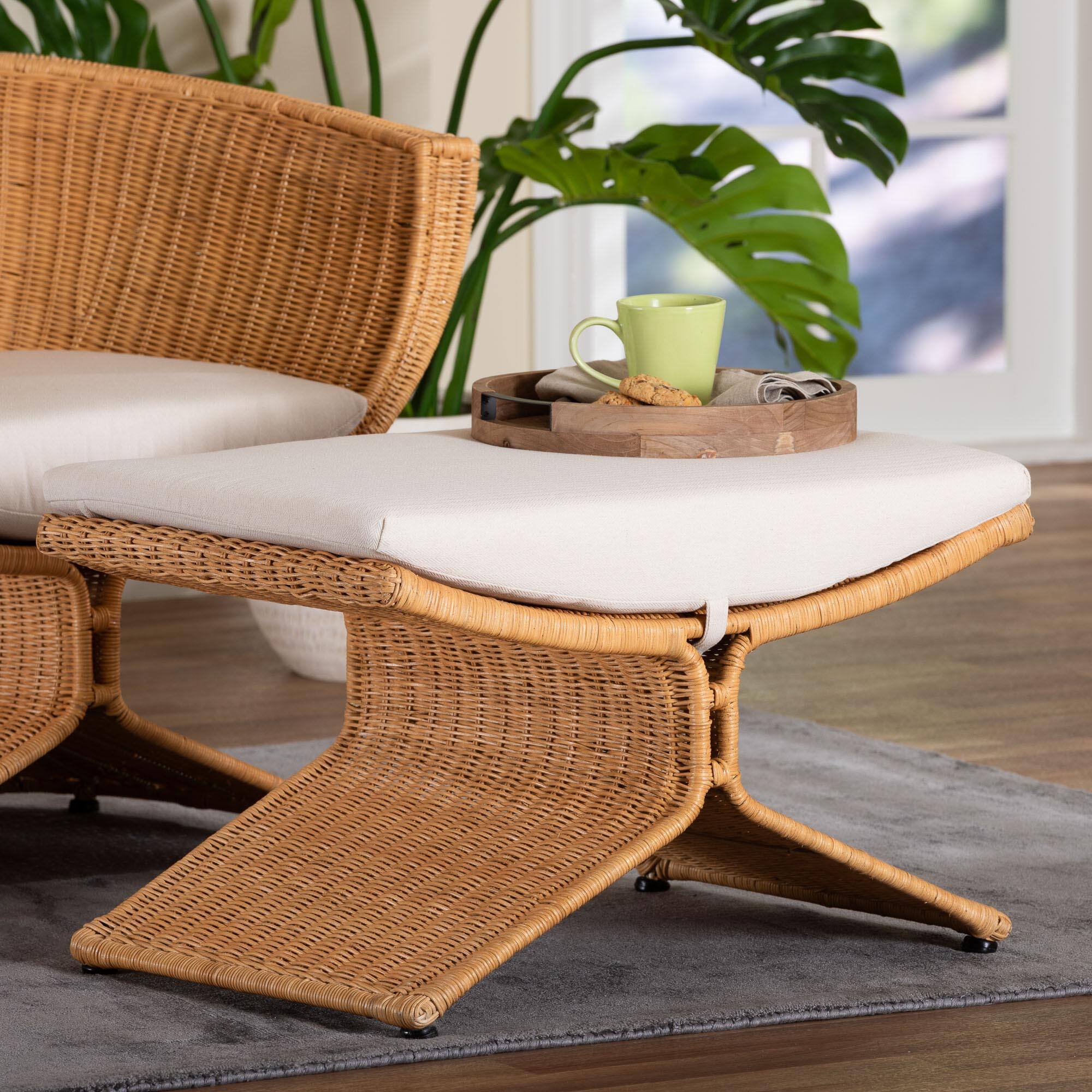 Alt View 2. bali & pari - Reya Natural Rattan Footstool - Sculptural Handwoven Ottoman with Pedestal Base for Lounge and Living Spaces - Light Honey.