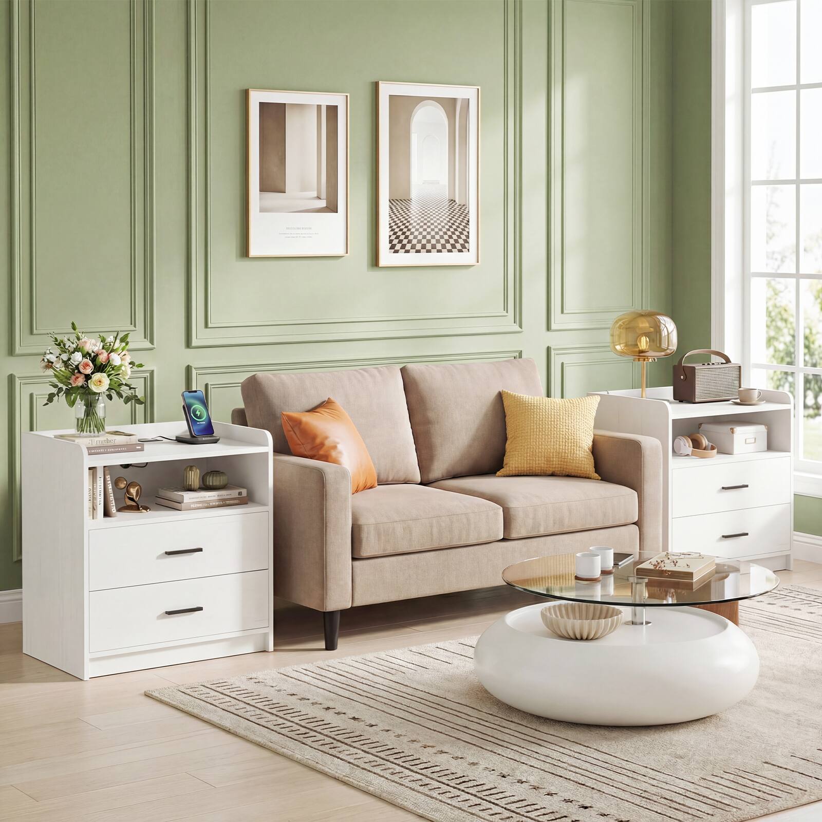 Back. Aheaplus - 23.6'' Wide Nightstand Set of 2 with Drawers and Charging Station for Bedroom - White.