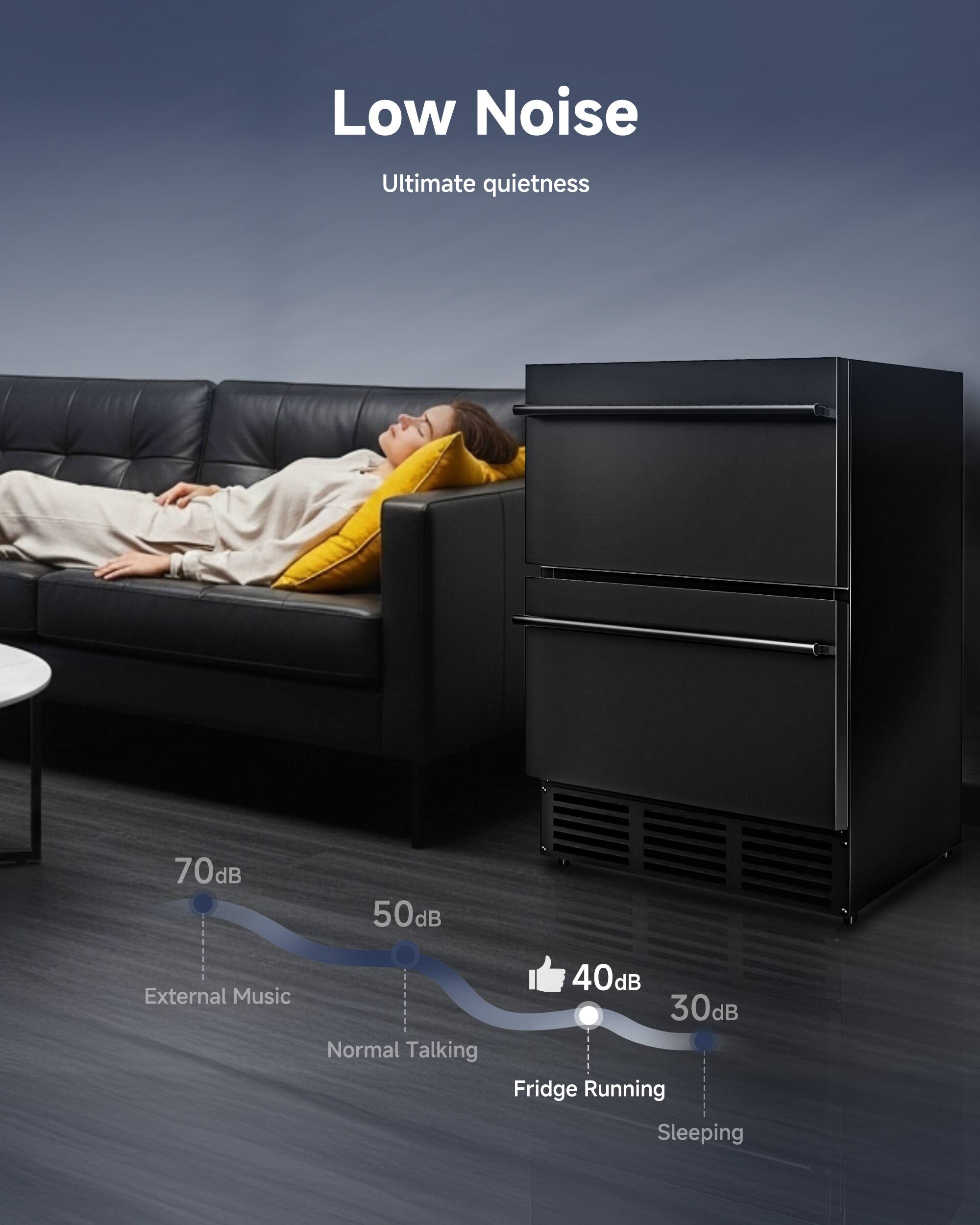 Low Noise  
Ultimate quietness  

70dB - External Music  
50dB - Normal Talking  
40dB - Fridge Running  
30dB - Sleeping