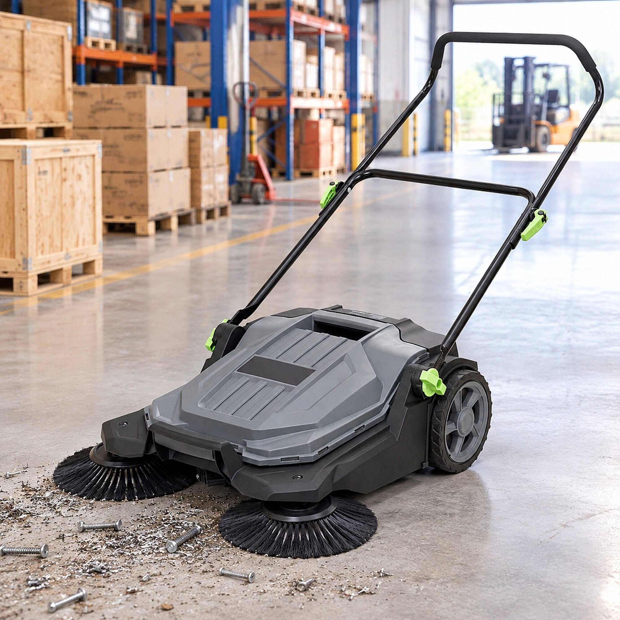 Left. RYHNUYNE - VEVOR Walk-Behind Hand Push Floor Sweeper, 25.6 in Sweeping Width, 5-Gallon Waste Container, Folding Handle, Manual - Gray.