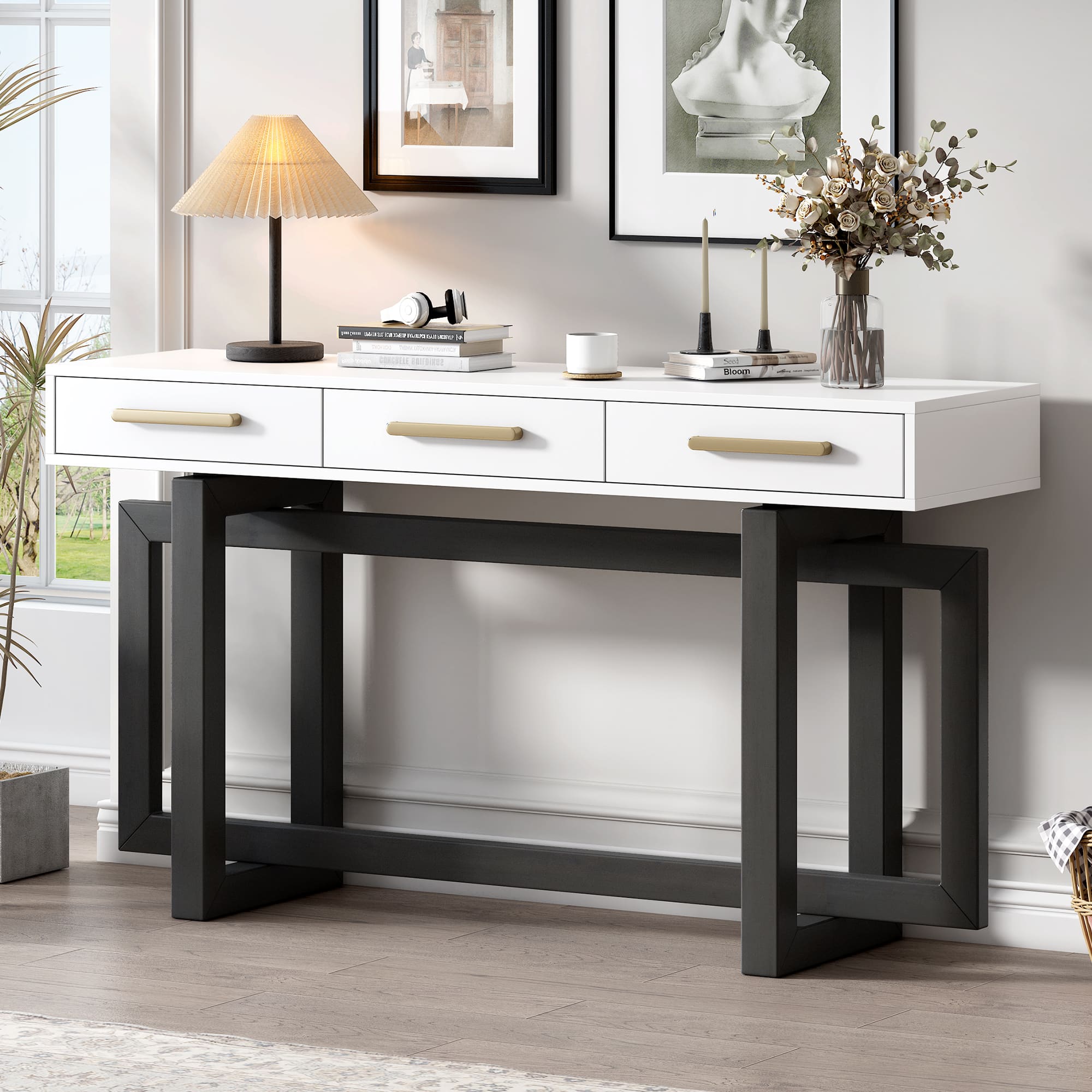 TinyHomie - Elegant Console Table with Three Drawers Extra Long Entryway Table for Entryway Hallway Living Room Foyer Corridor - Grey and White