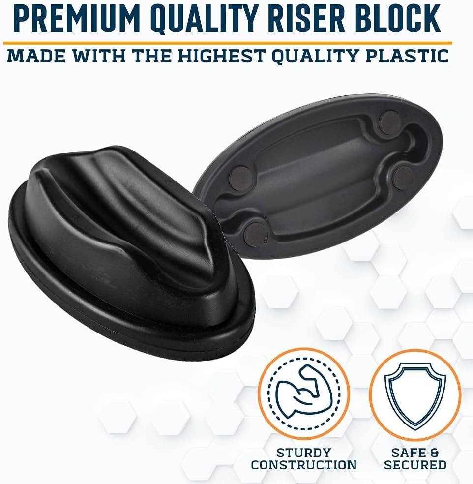 The corrected text is:

"PREMIUM QUALITY RISER BLOCK MADE WITH THE HIGHEST QUALITY PLASTIC. STURDY & SAFE CONSTRUCTION SECURED."