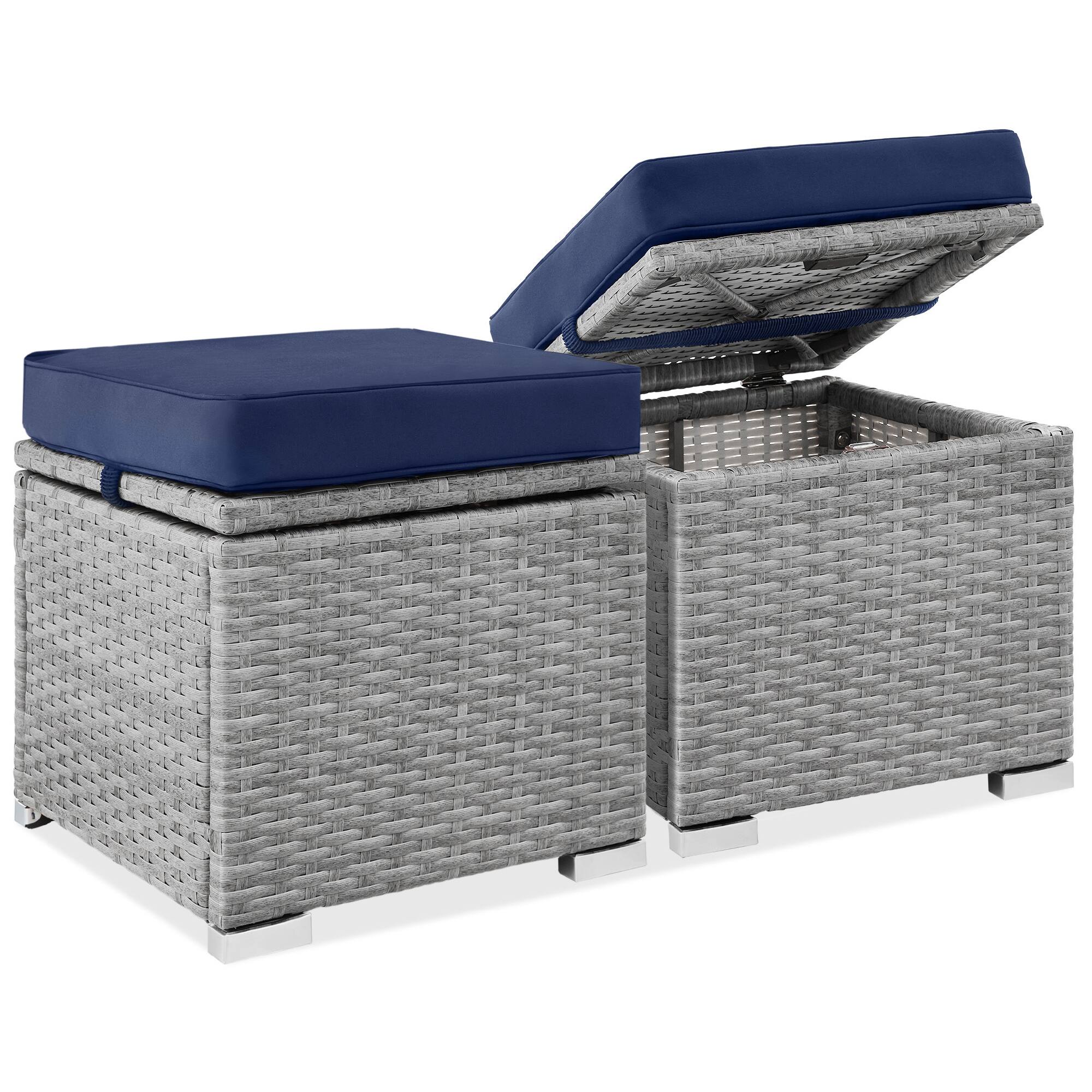 Best Choice Products - Set of 2 Wicker Ottomans, Multipurpose Furniture w/ Removable Cushions - Gray/Navy