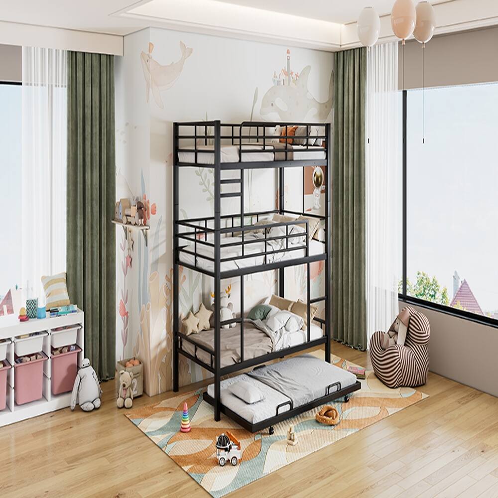 Alt View 4. Loheer - Loheer Metal Twin Size Triple Bunk Bed with Trundle Black Heavy Duty Steel 3 Tier Bunk Bed Space-Saving Design - Black.
