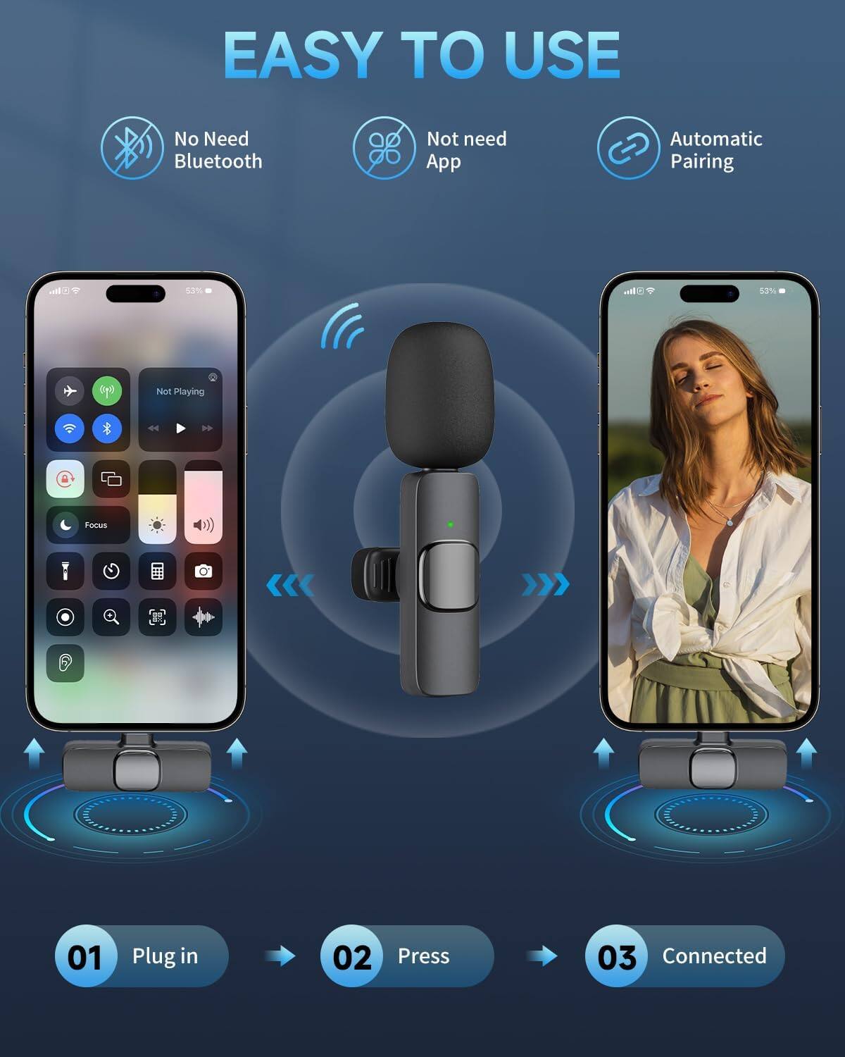 EASY TO USE  
No Need Bluetooth  
Not need App  
Automatic Pairing  

1% | 53%  
Not Playing  
Focus  

01 Plug in  
02 Press  
03 Connected
