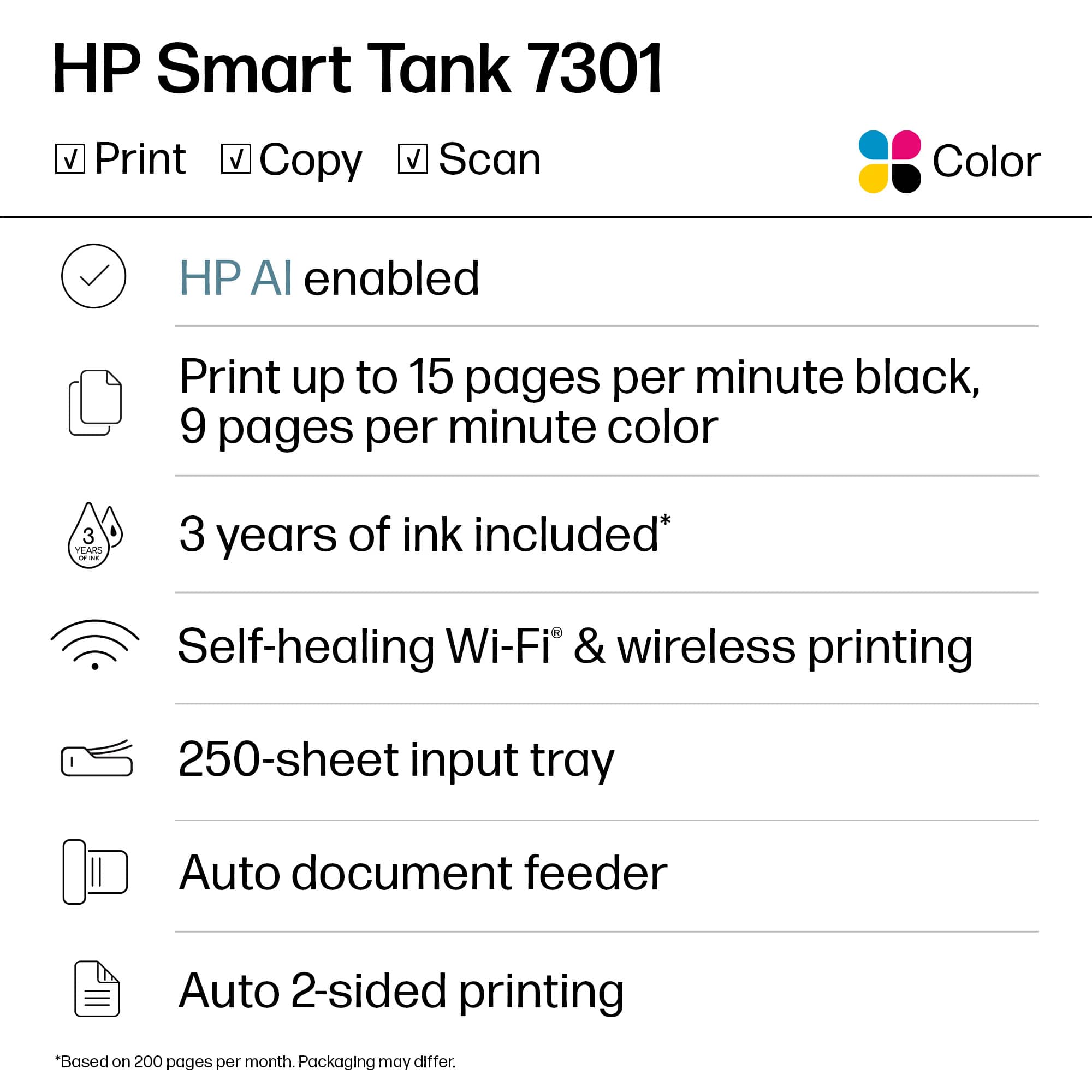 HP Smart Tank 7301
Color
- Print
- Copy
- Scan
HP AI enabled
Print up to 15 pages per minute black, 9 pages per minute color
3 years of ink included*
Self-healing Wi-Fi & wireless printing
250-sheet input tray
Auto document feeder
Auto 2-sided printing
*Based on 200 pages per month. Packaging may differ.