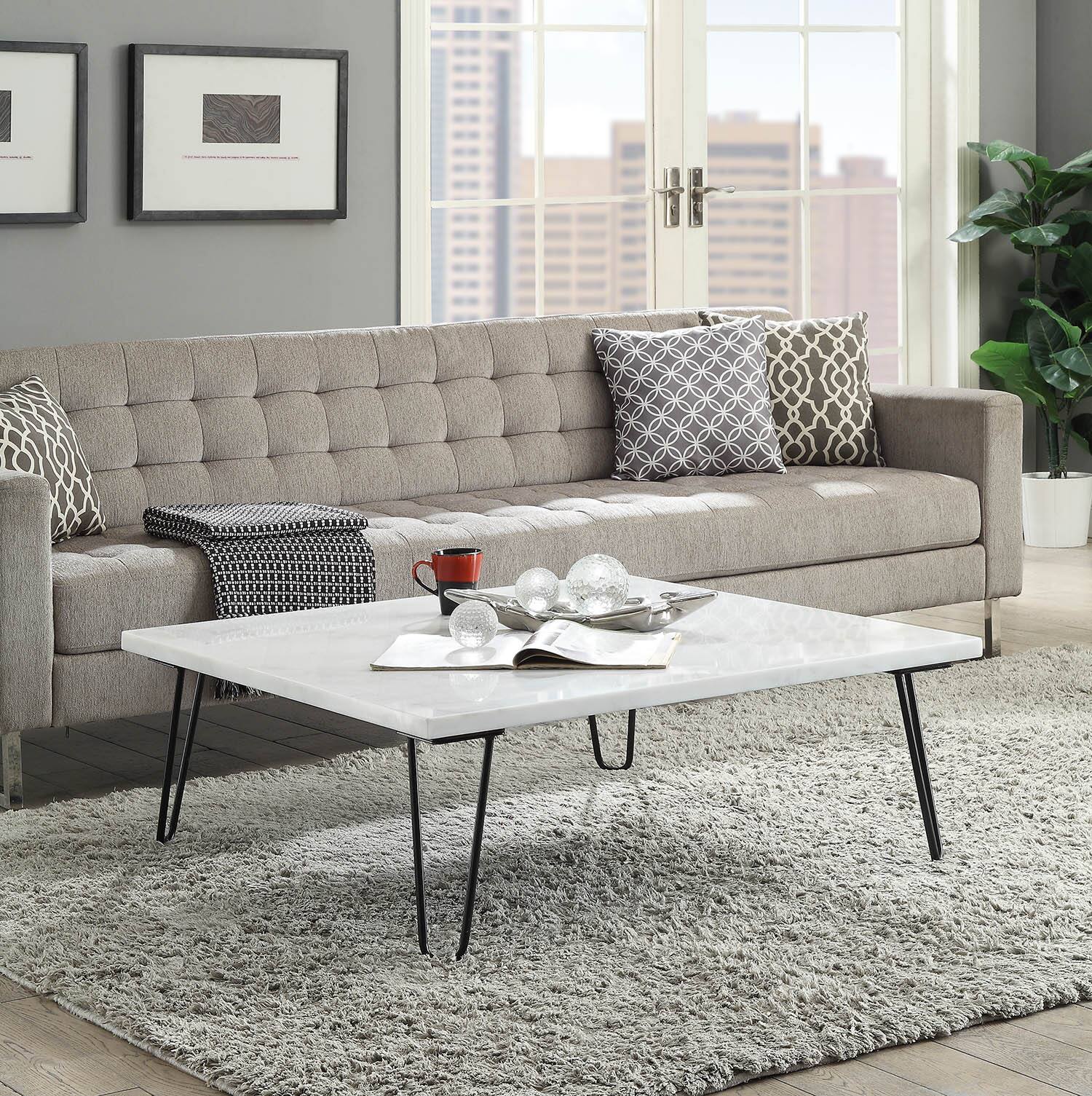 Front. Manhattan Lane - Marble Top Coffee Table with Hairpin Style Metal Legs - White, Black.