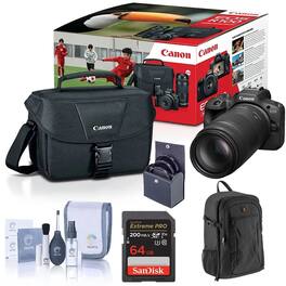 Bundle - Canon - EOS R100 Mirrorless Camera with 18-45mm and 75-300mm Lenses, with 64GB SDXC Memory Card, Shoulder Bag,