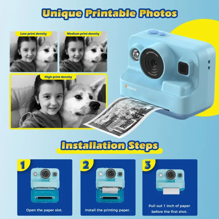 Unique Printable Photos: Low, Medium, and High print density. Installation Steps: 1, 2, and 3. Open the paper slot, install the printing paper, and pull out 1 inch of paper before the first shot.