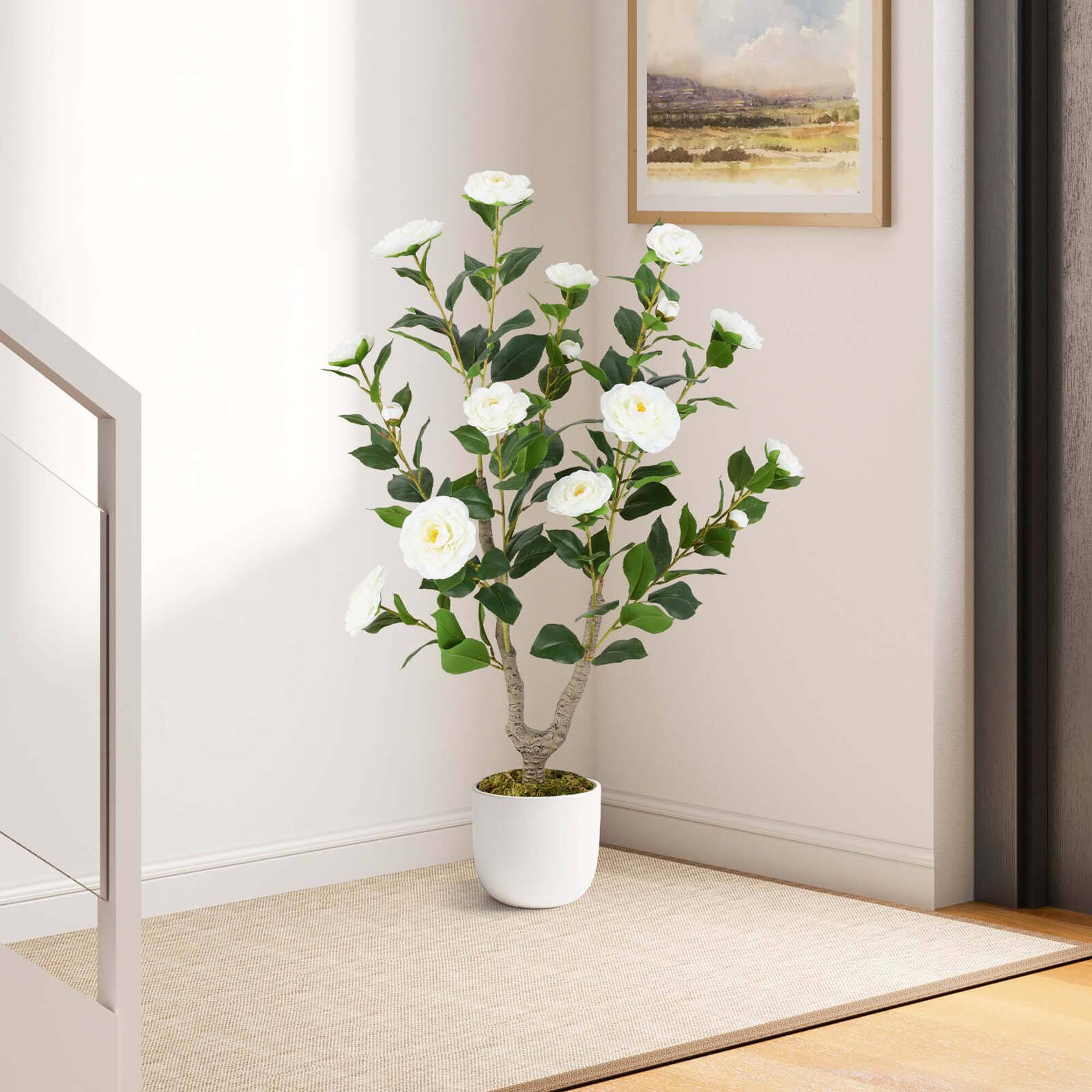 Alt View 3. Costway - Costway 1 PCS 36" Artificial Camellia Tree Fake Potted Tree Greenery Floral Plant Modern White - White.