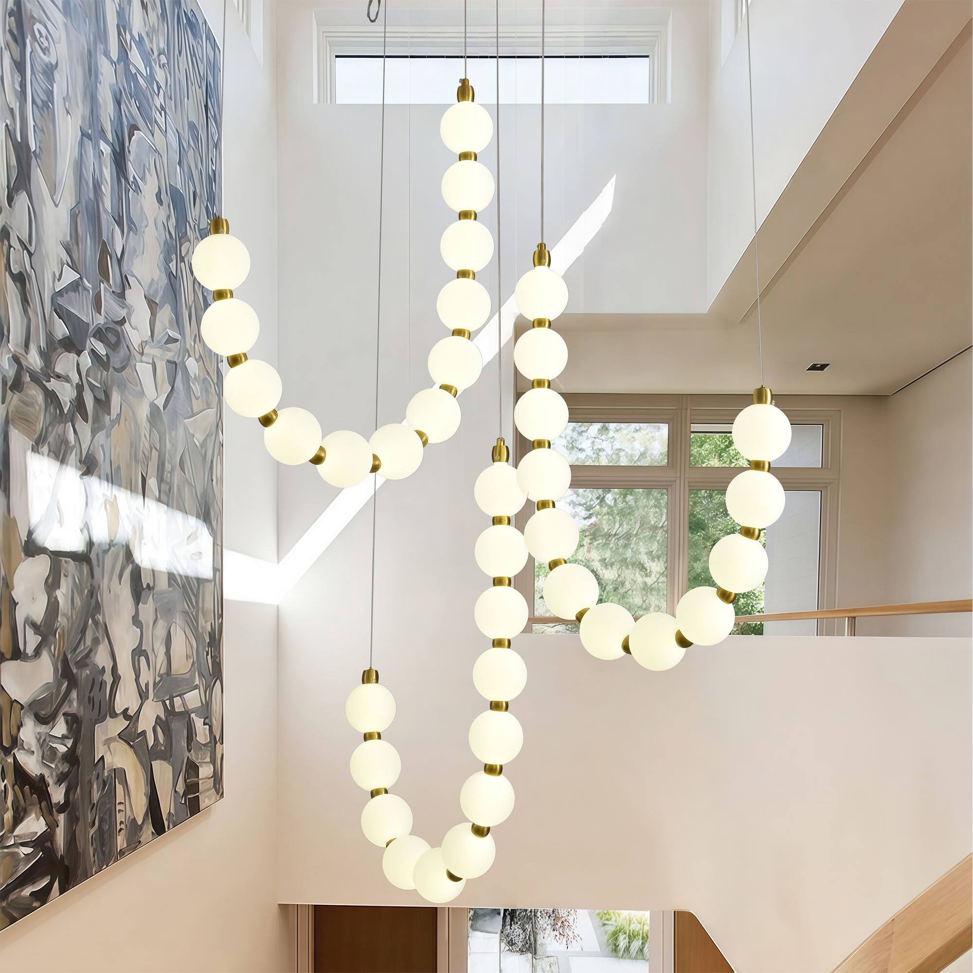 Angle. RYHNUYNE - Modern Antique Gold LED Chandelier, 36 Light Acrylic Globe Pendant Light, Adjustable Hanging for Living Dining Bedroom - Gold.