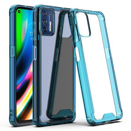 Front. Reiko - Moto G9 Plus High Quality Tpu Bumper And Clarity Pc Case In Blue - Blue.