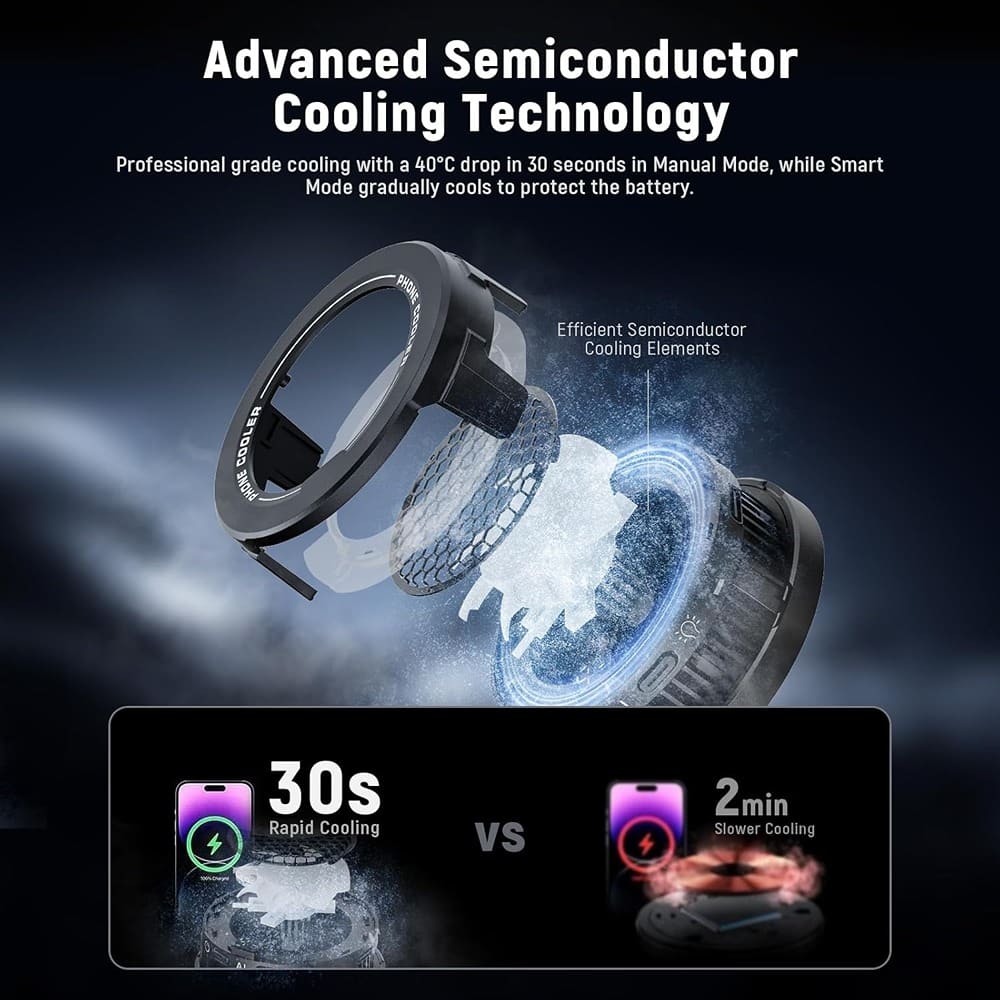 ACJPR - Magnetic Phone Cooler with Low-Noise USB Fan, Smart Temperature Control, RGB Lights, and Universal Clip for Gaming - Multicolor