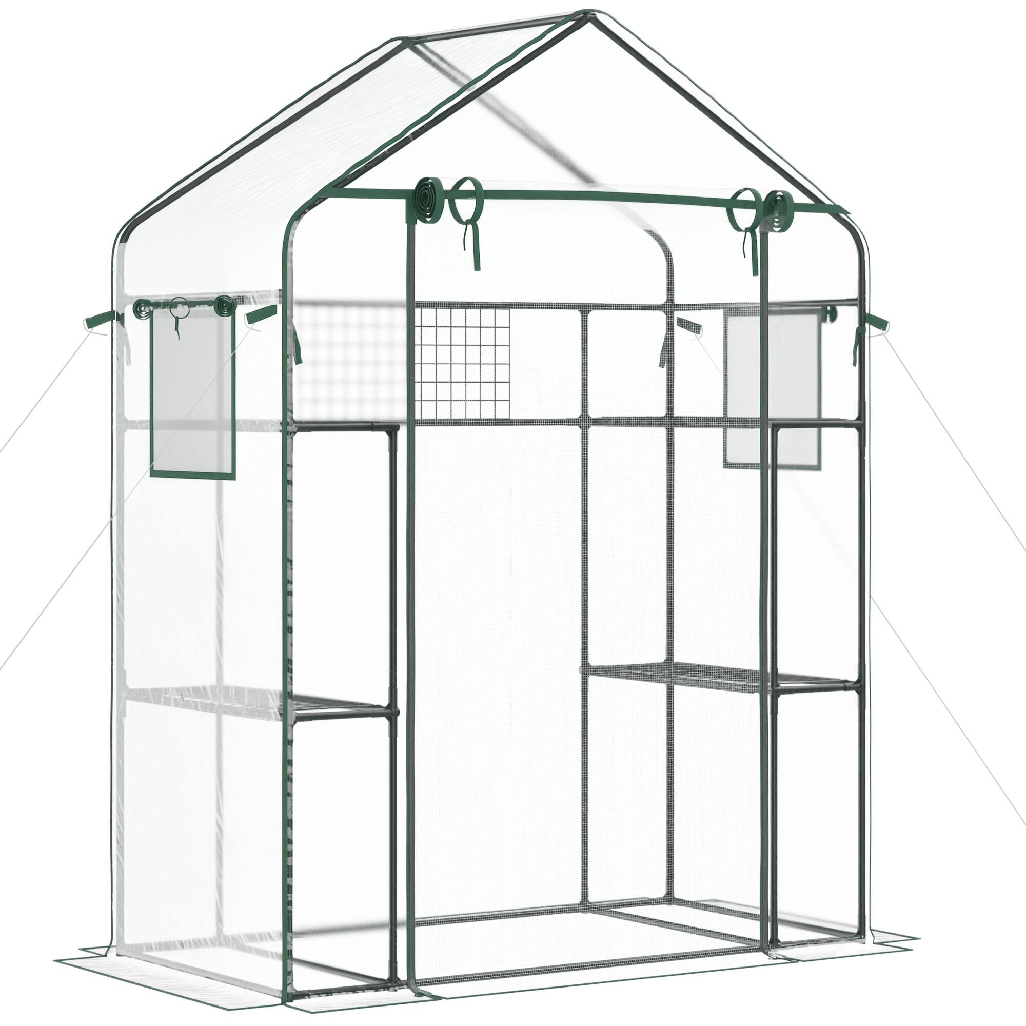 Front. Outsunny - Outdoor Walk-in Mini Greenhouse with Mesh Door & Windows, Small Portable Garden Green House with 3 Tiers 6 Shelves.