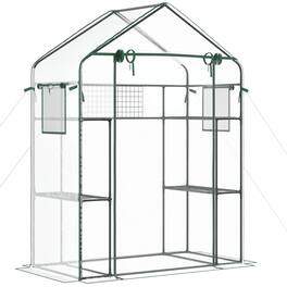 Outsunny - Outdoor Walk-in Mini Greenhouse with Mesh Door & Windows, Small Portable Garden Green House with 3 Tiers 6 Shelves