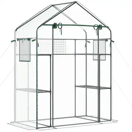 Front. Outsunny - Outdoor Walk-in Mini Greenhouse with Mesh Door & Windows, Small Portable Garden Green House with 3 Tiers 6 Shelves.