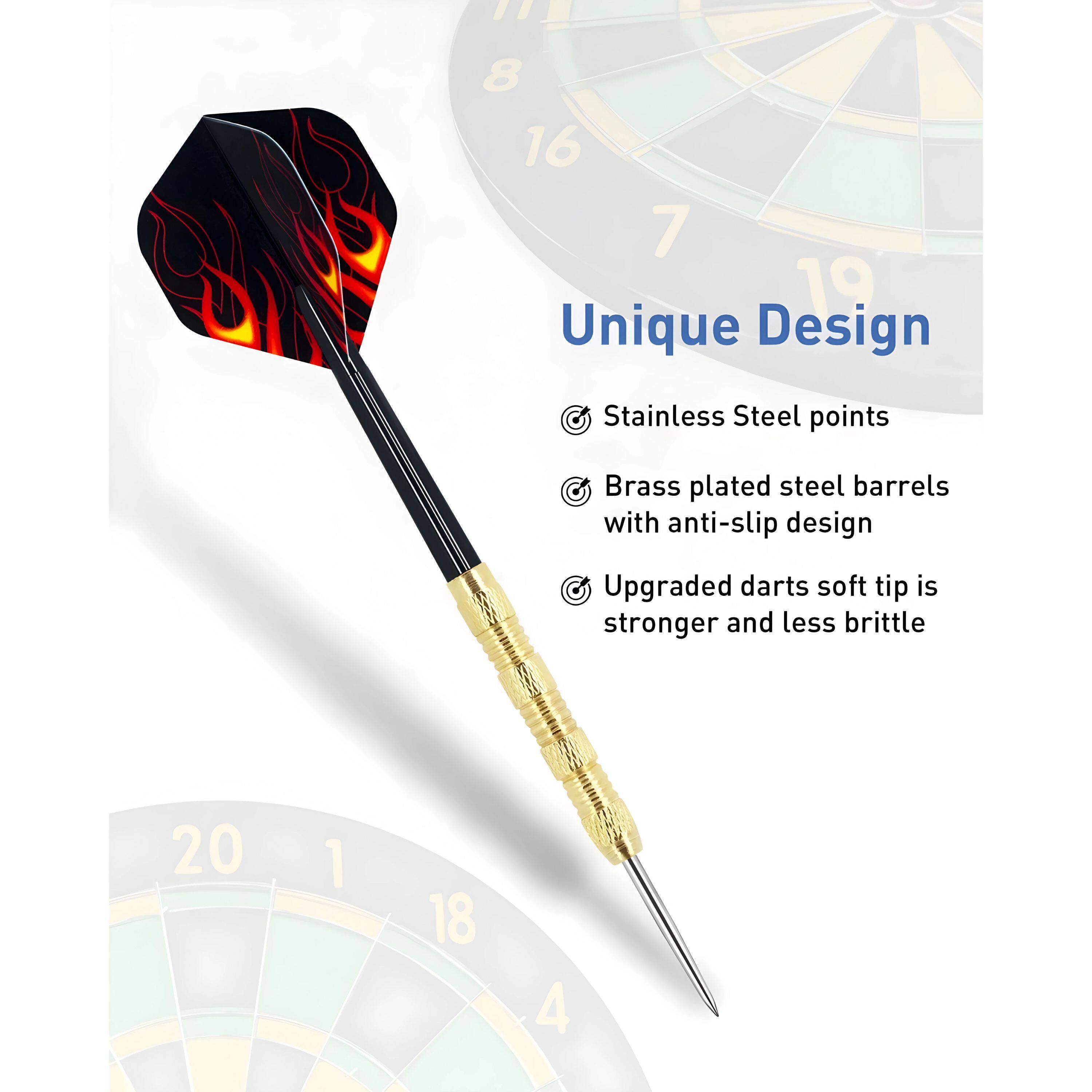 Unique Design

- Stainless Steel points
- Brass plated steel barrels with anti-slip design
- Upgraded darts soft tip is stronger and less brittle