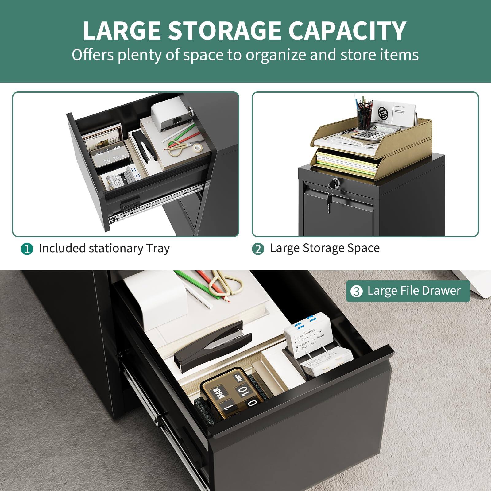 LARGE STORAGE CAPACITY  
Offers plenty of space to organize and store items

1. Included stationary Tray  
2. Large Storage Space  
3. Large File Drawer