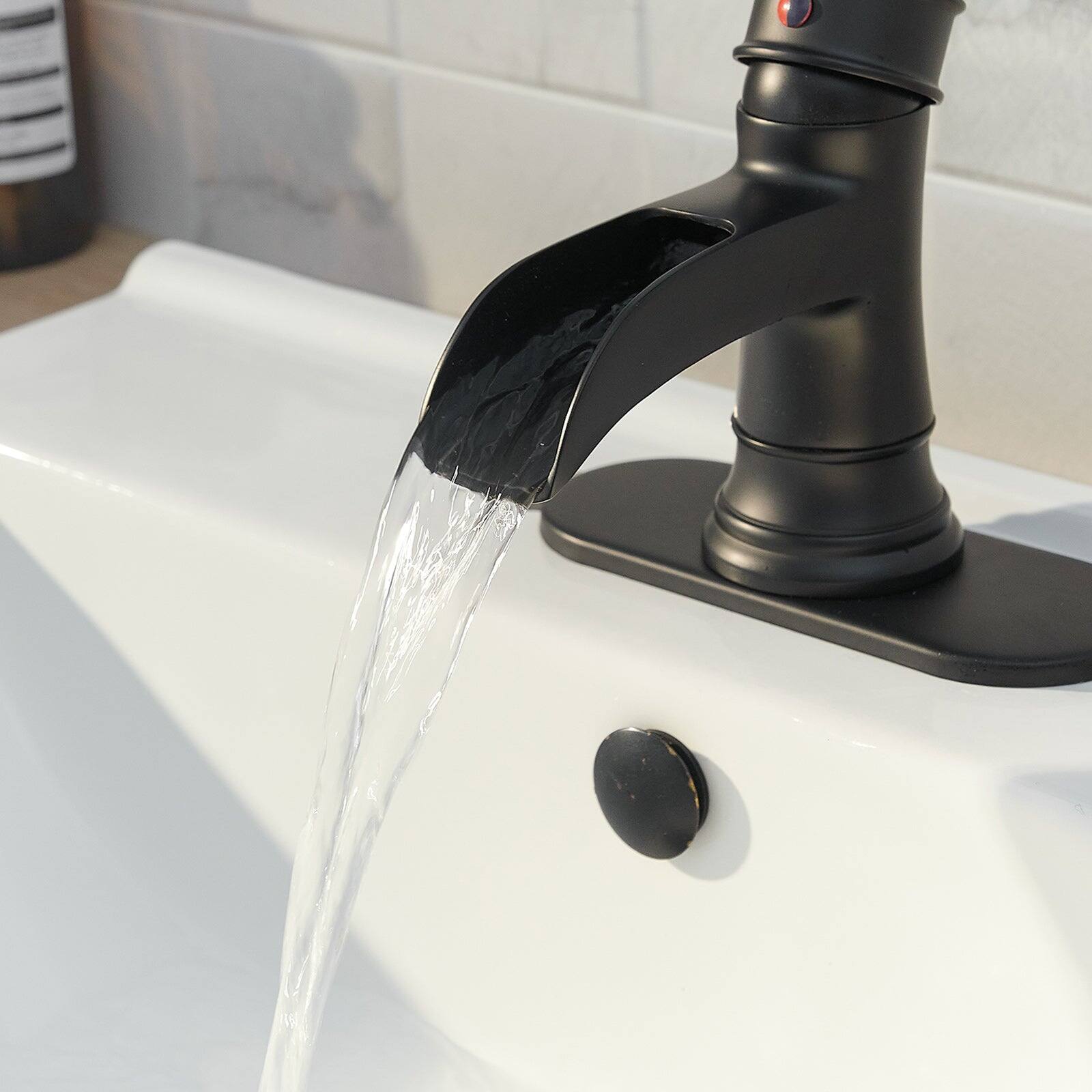 Angle. Boyel Living - Waterfall Single Hole Single-Handle Low-Arc Bathroom Faucet With Pop-up Drain Assembly in Matte Black - Matte Black.