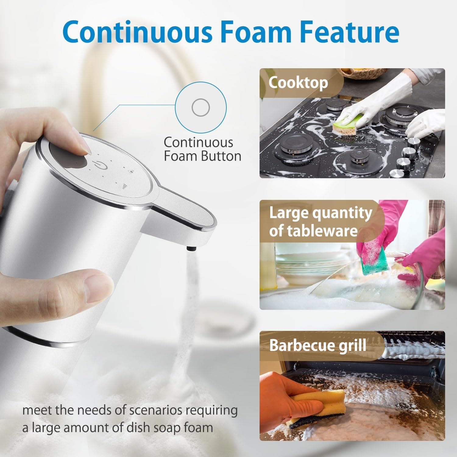 Continuous Foam Feature

Continuous Foam Button

Cooktop

Large quantity of tableware

Barbecue grill

meet the needs of scenarios requiring a large amount of dish soap foam