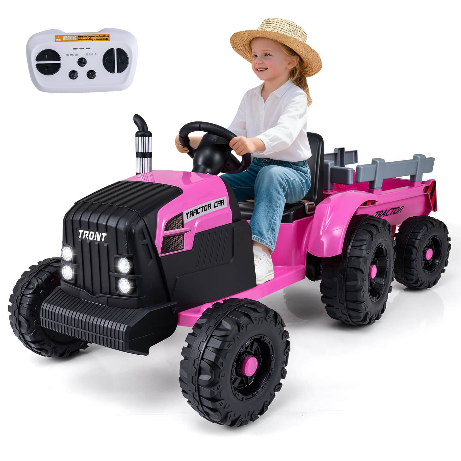 Costway - 24V Ride On Tractor for Kids Remote Control Music USB Port Soft Start Headlights - Pink