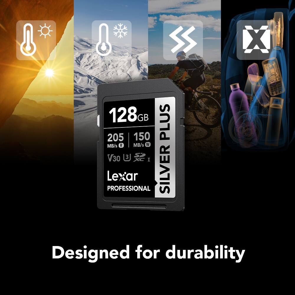 S X 2 128 GB PLUS 205 MB/s R 150 MB/s W V30 3 I Lexar PROFESSIONAL SILVER Designed for durability